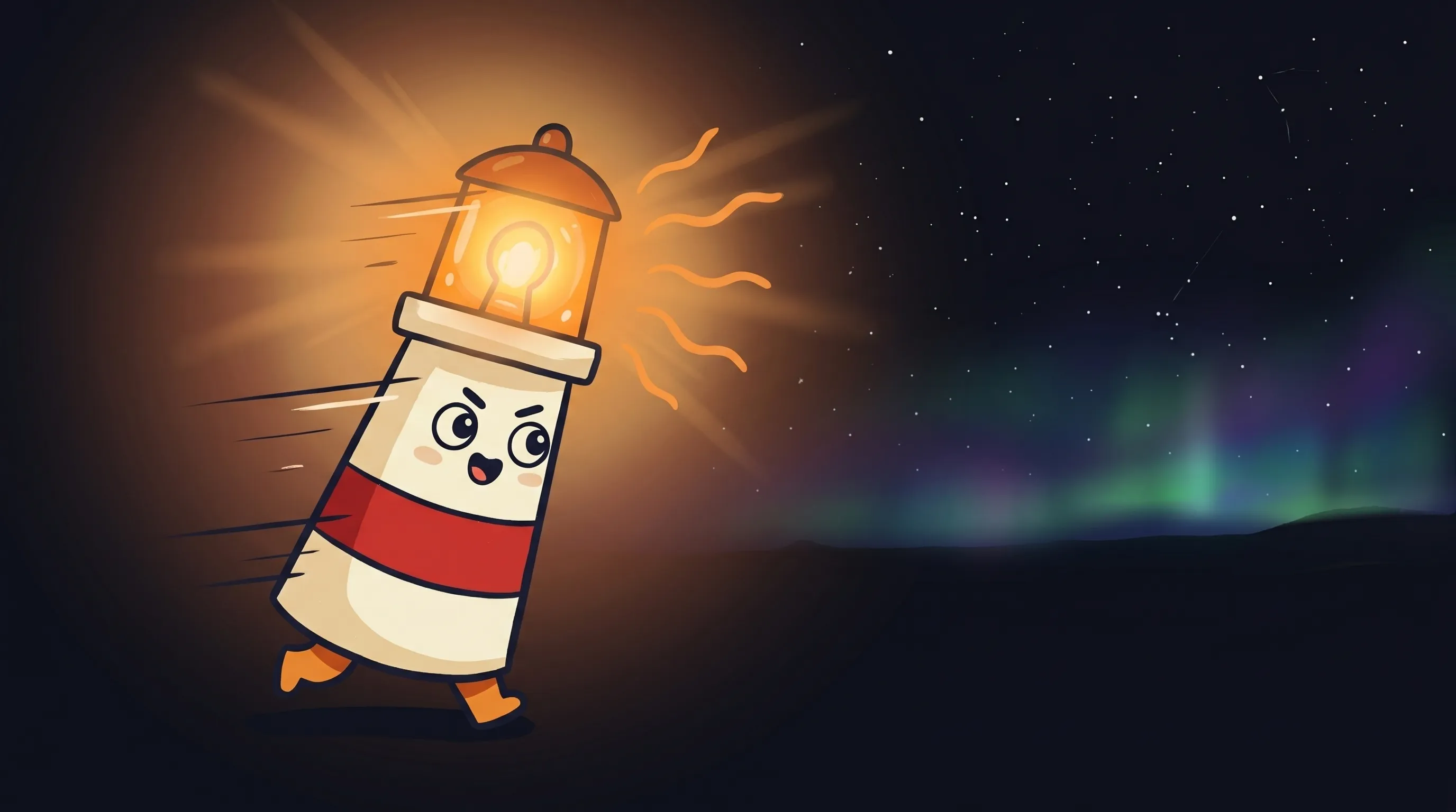 Beacon the lighthouse illuminating a glowing AI-powered shopping cart on a dark navy background.