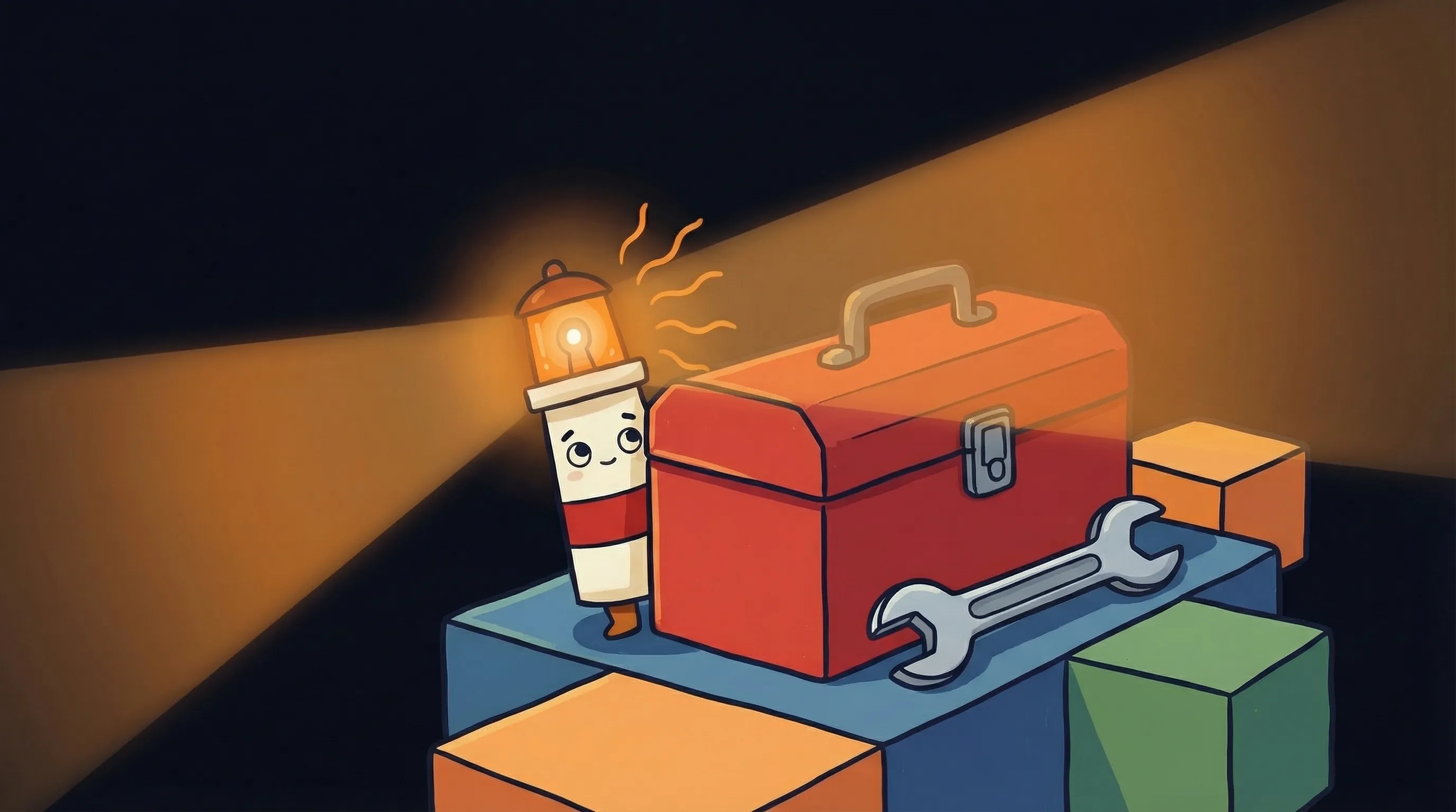 Beacon the lighthouse illuminating a toolbox overflowing with 70+ glowing tools on a dark navy background.
