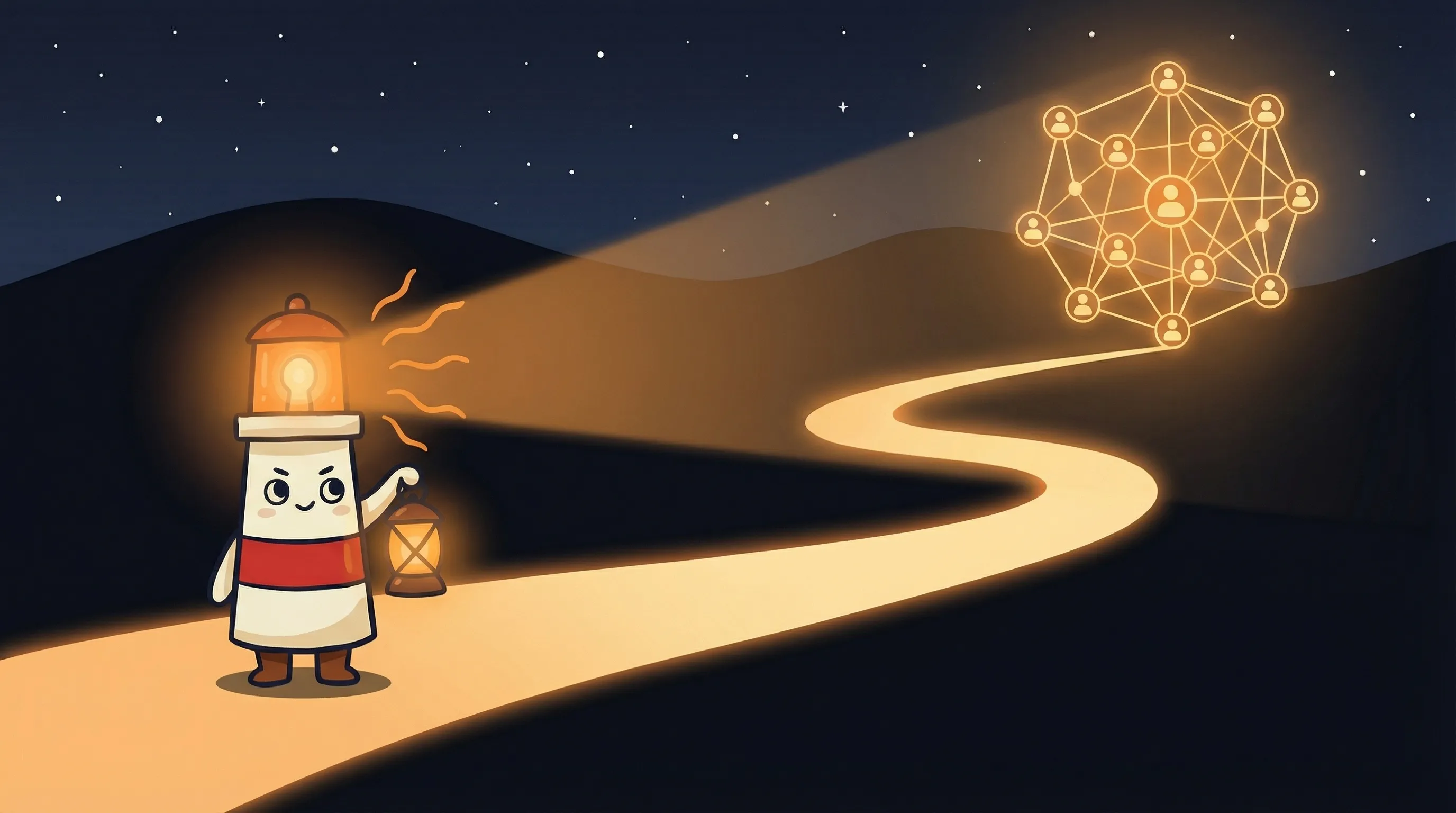 Beacon the lighthouse character shining light on a team of AI workers, illustrating an AI workforce on navy background.