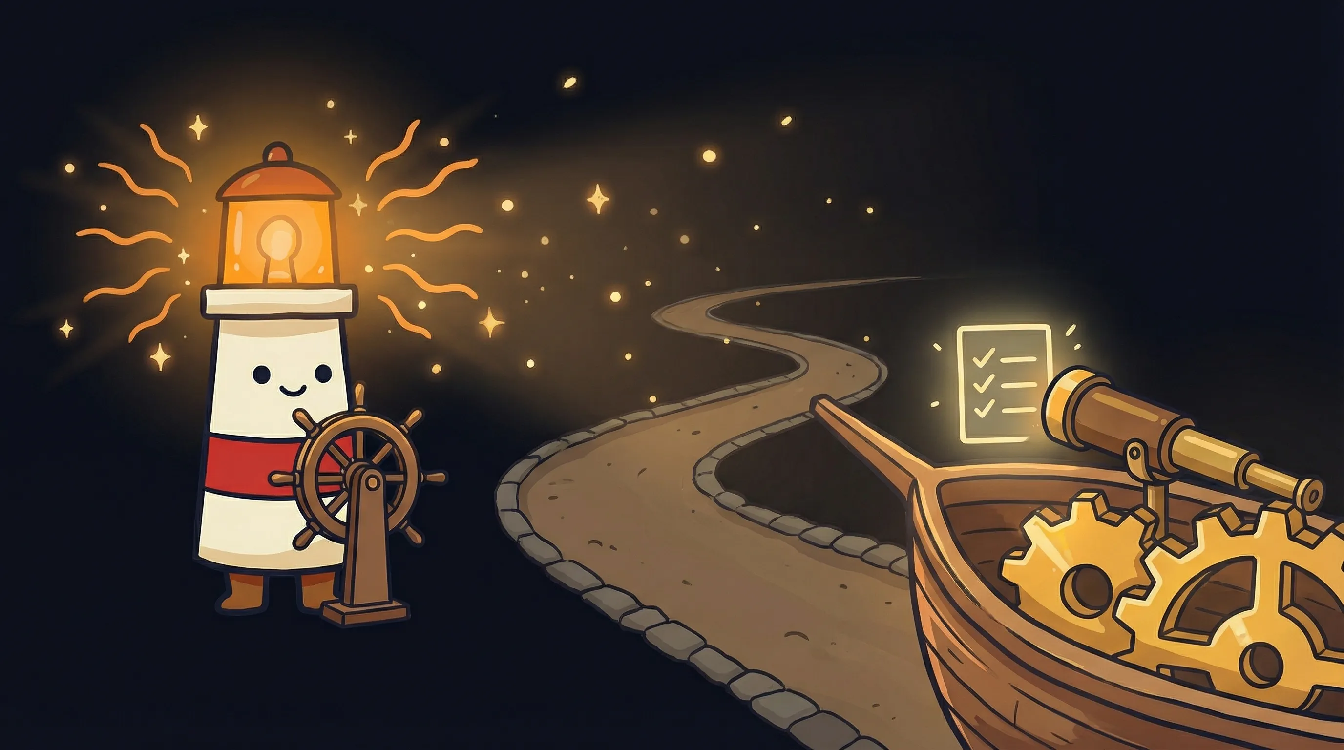 Beacon the lighthouse illuminating a Todoist checklist, glowing amber light revealing synced AI agent tasks on a navy back...