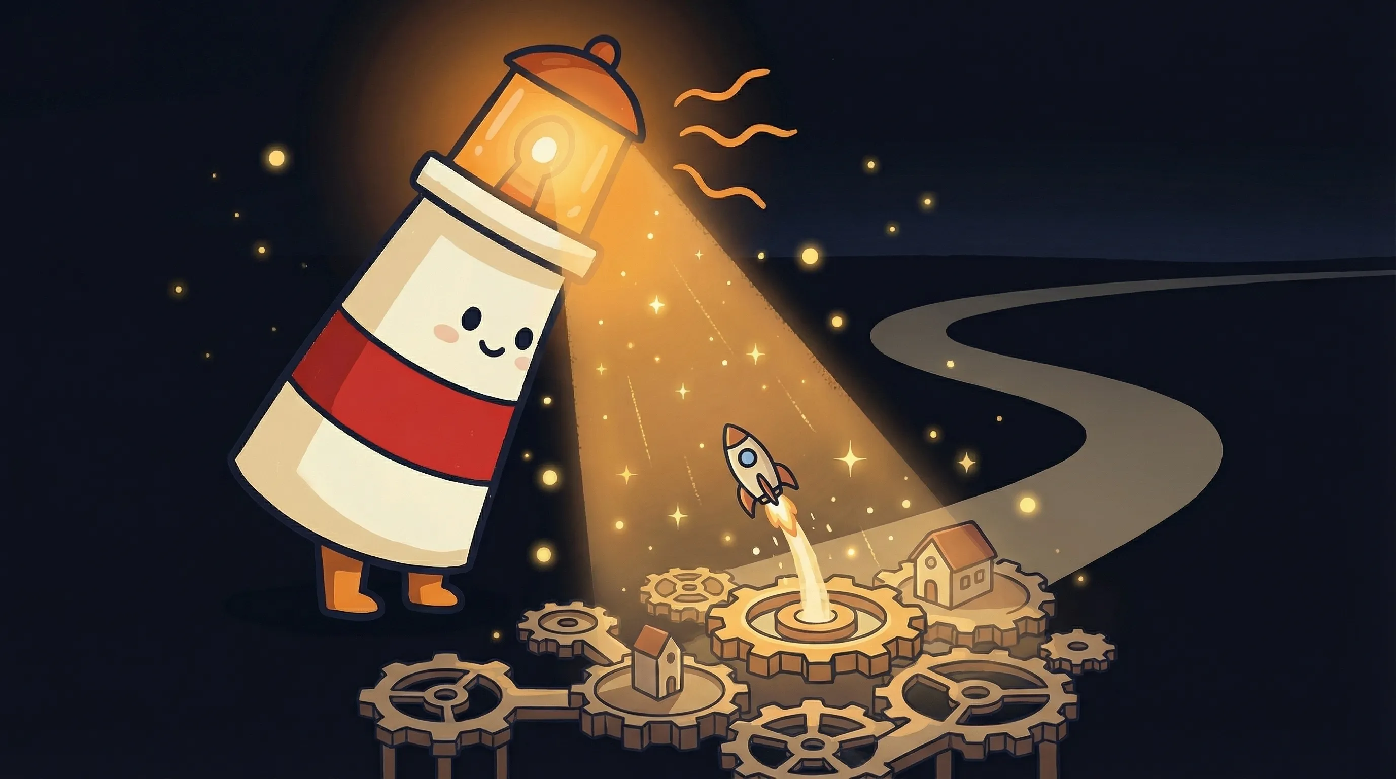 Beacon the lighthouse illuminating a rocket launch countdown clock, symbolizing faster AI-powered campaign launches.