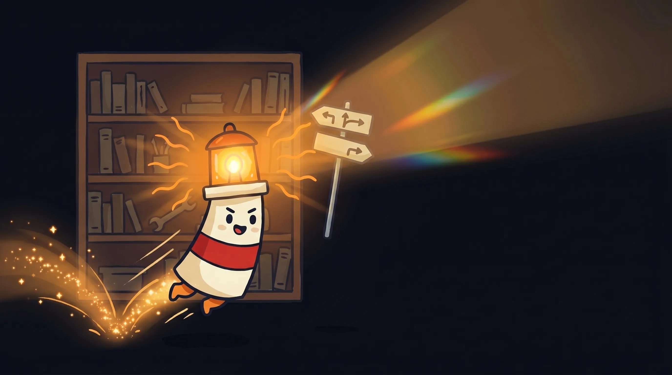 Beacon the lighthouse illuminating a branching AI routing diagram, cream body with red stripe, amber glow on dark navy bac...