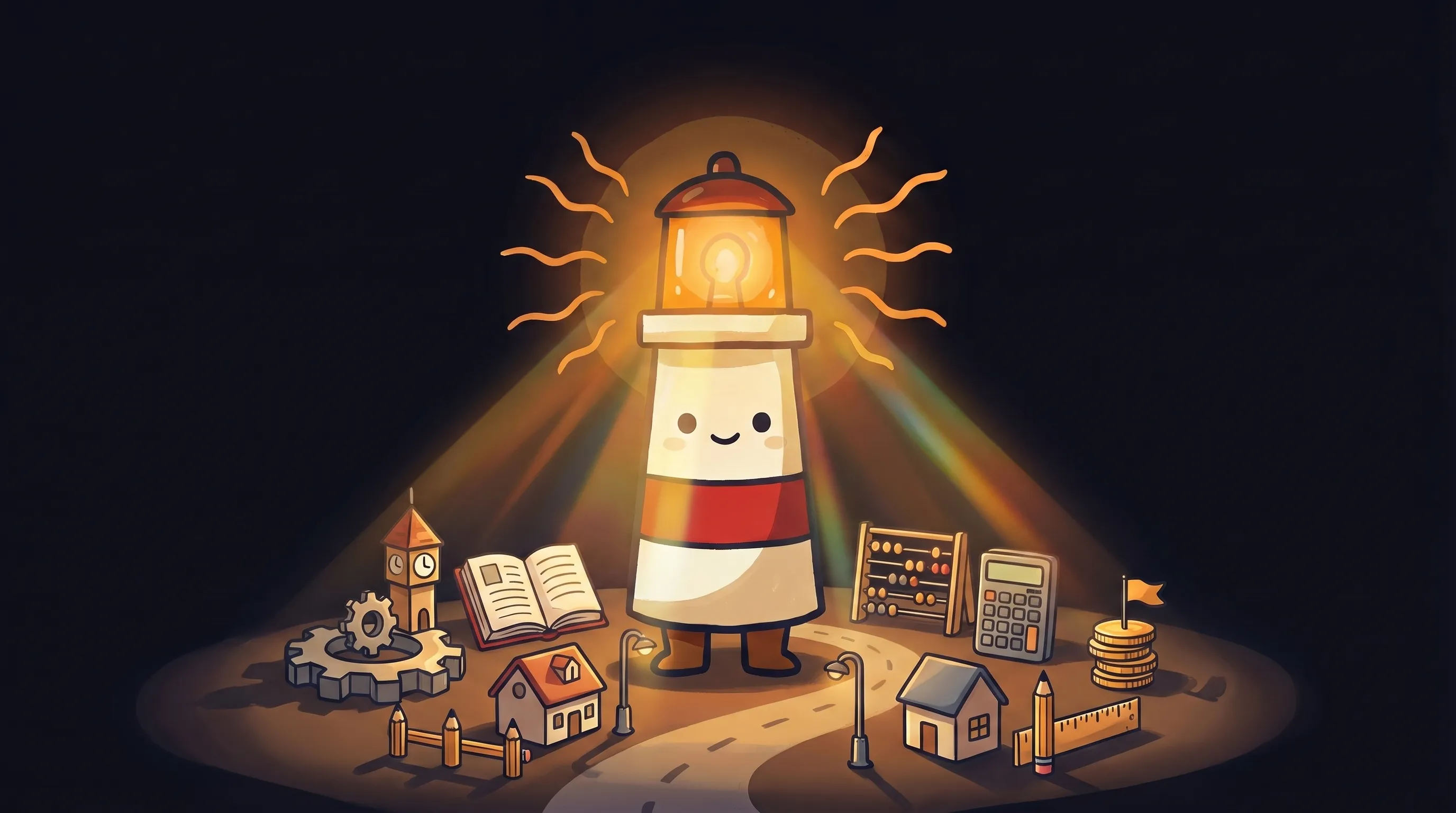 Beacon the lighthouse illuminating a laptop, calendar, and invoice stack with warm amber light on a dark navy background.