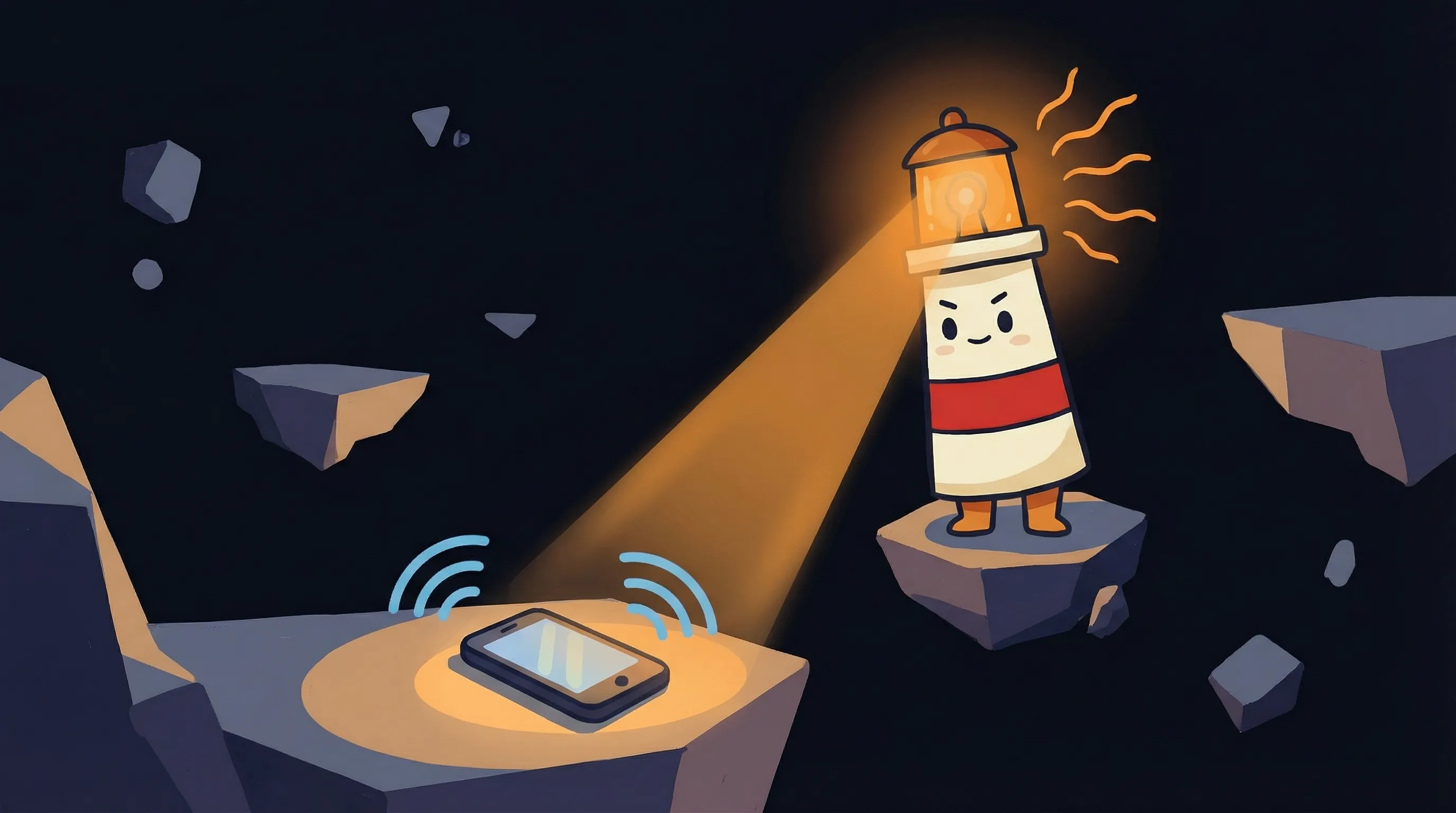 Beacon the lighthouse illuminating a ringing phone, cream body with red stripe, amber glow, on dark navy background.