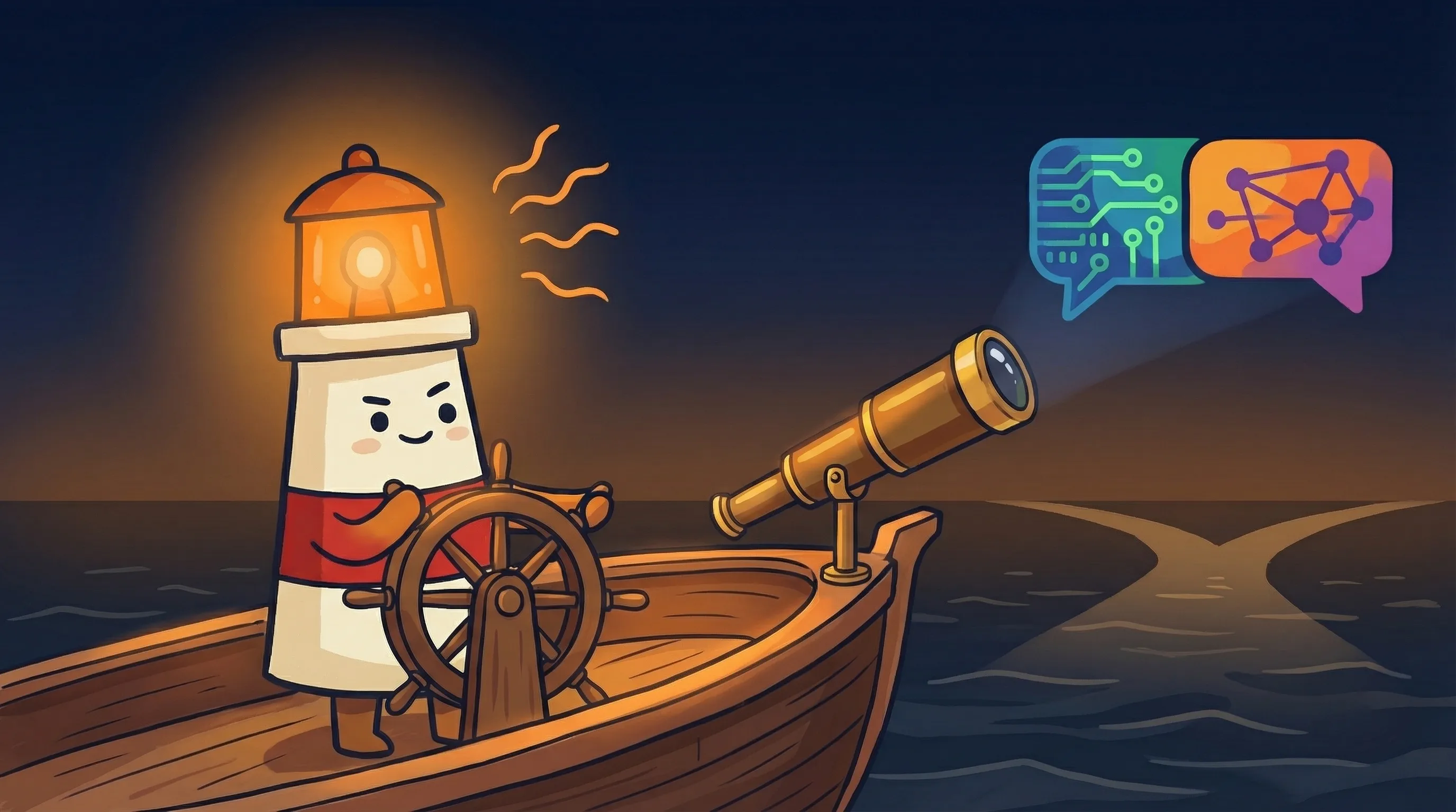 Beacon the lighthouse illuminating a glowing chat bubble, symbolizing AI conversation alternatives.