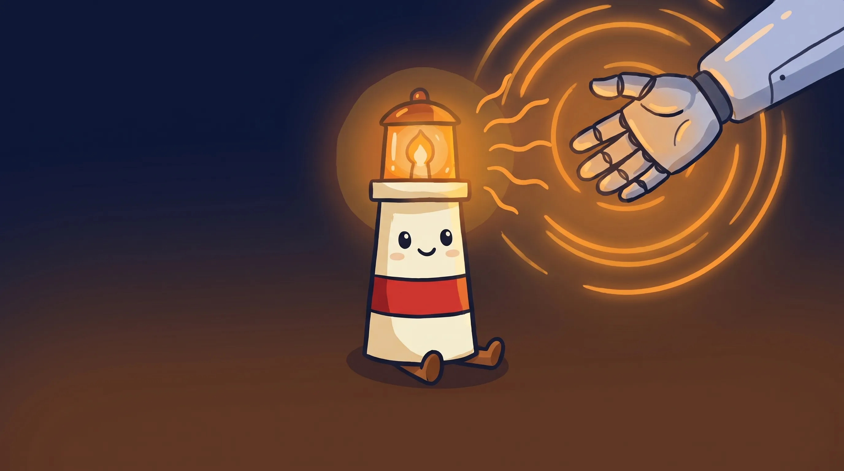 Beacon the lighthouse character shining amber light onto a tiny desk with a laptop and task list, symbolizing AI delegatio...