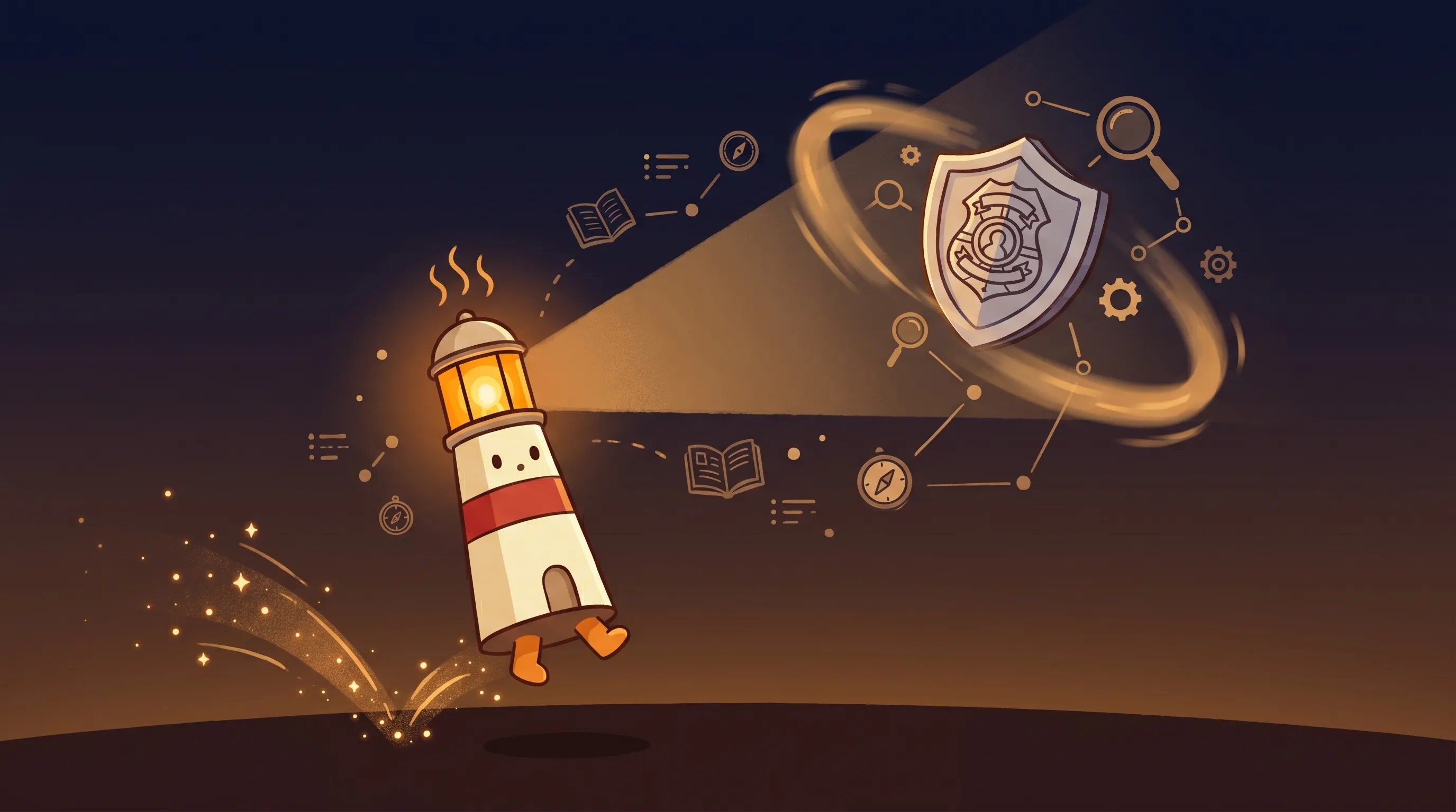 Beacon the lighthouse illuminating a glowing AI agent network diagram, cream body with red stripe, amber light casting war...