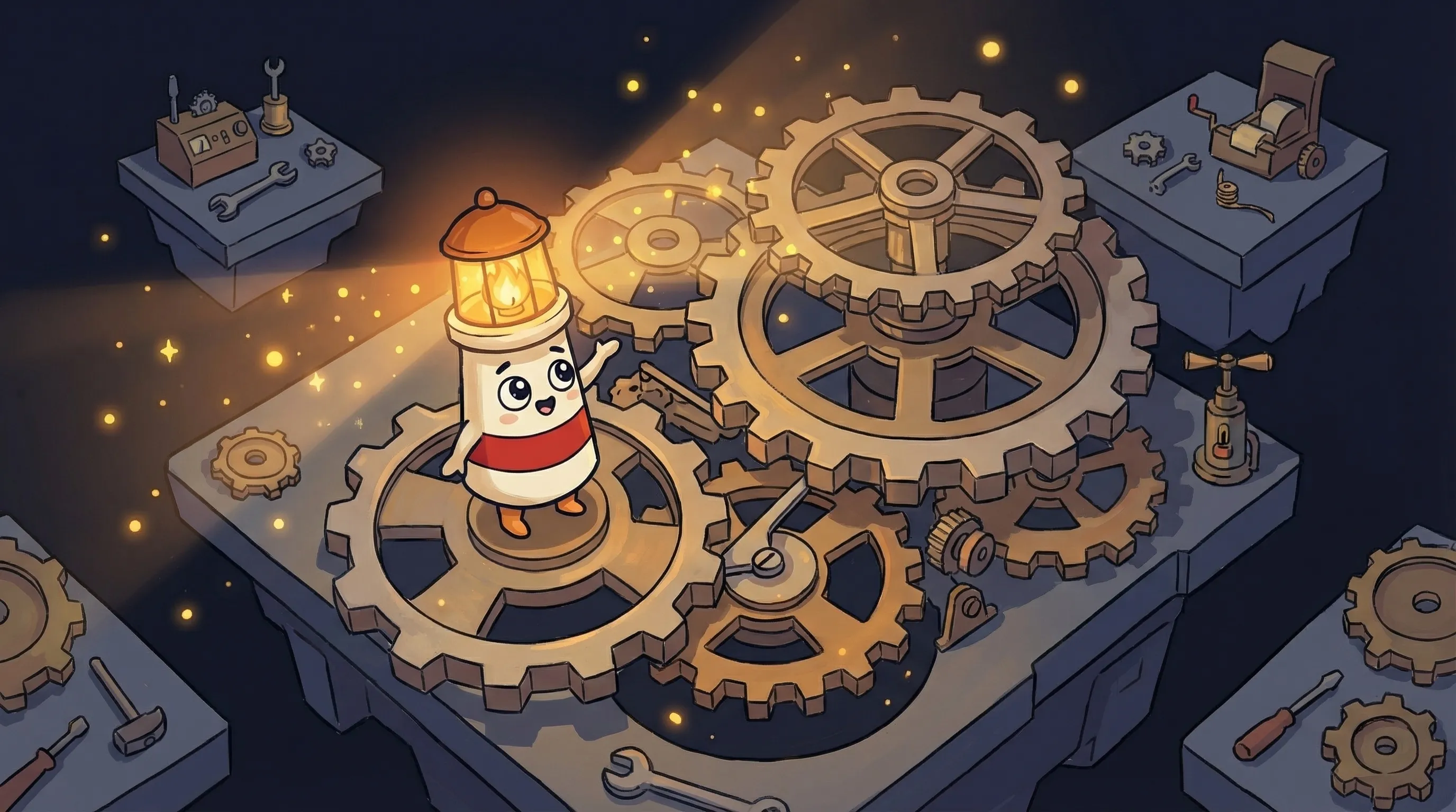Beacon the lighthouse illuminating a miniature CEO at a tiny desk, glowing amber light casting warm rays on a briefcase an...