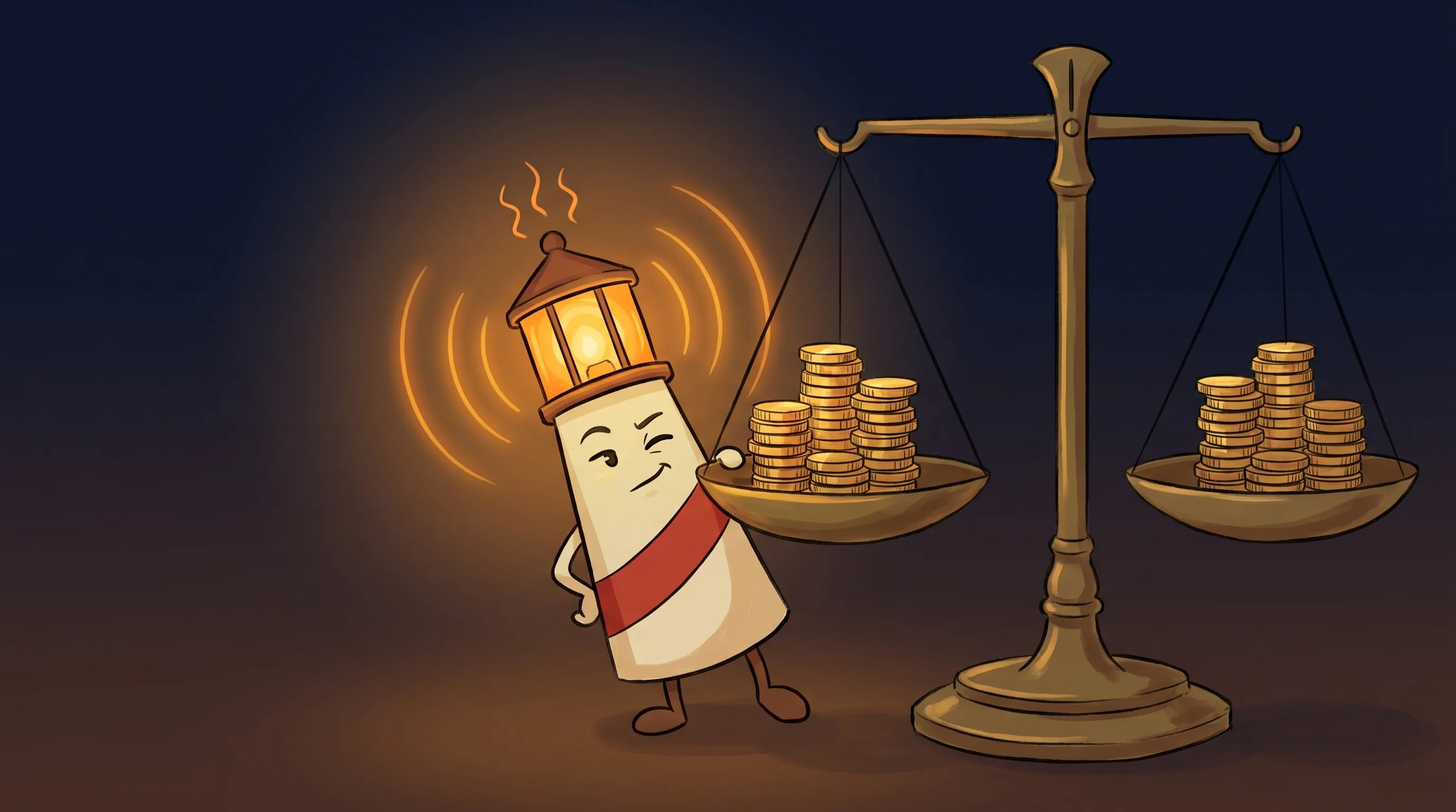 Beacon the lighthouse illuminating a cost comparison chart, glowing amber light casting warm rays on dollar signs and graphs.