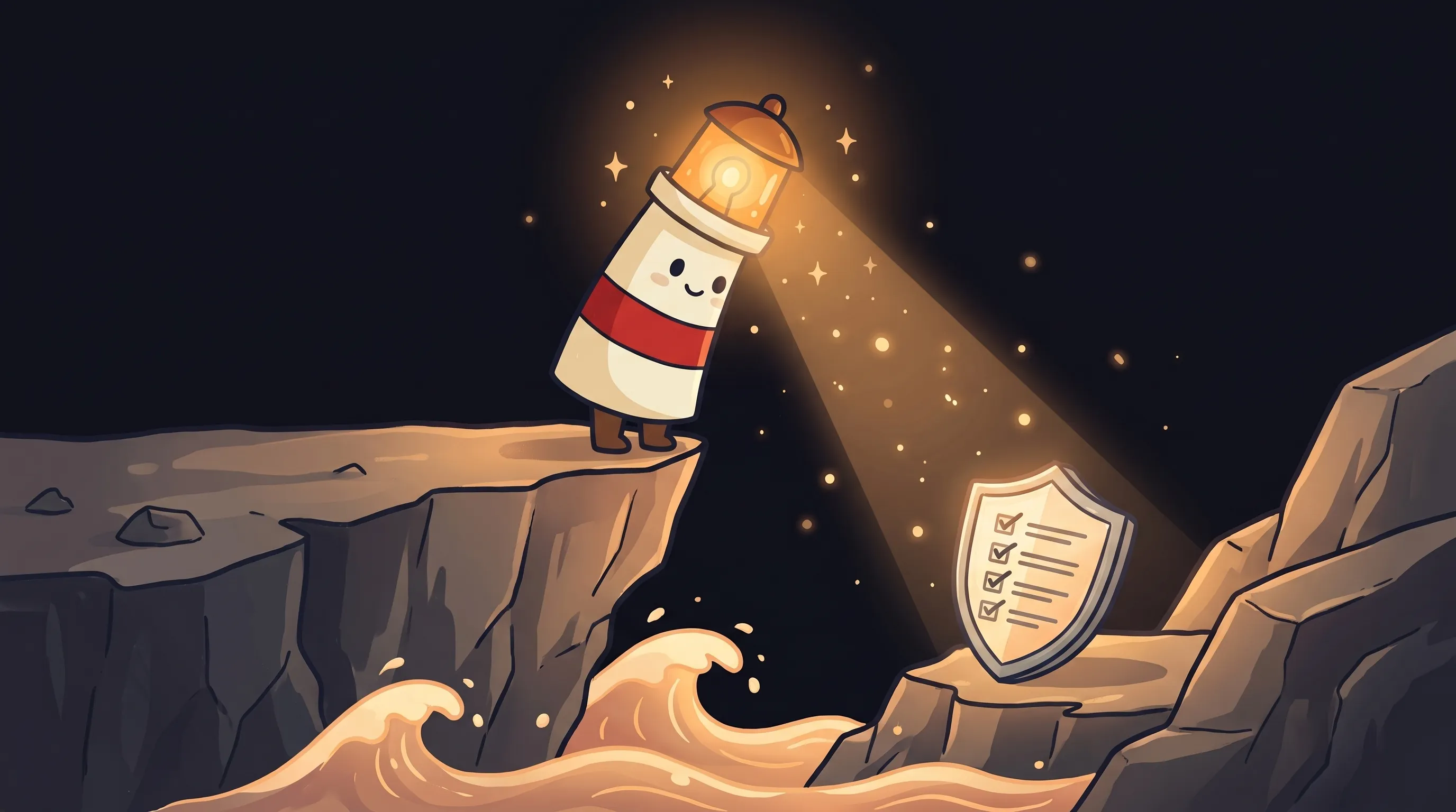 Beacon the lighthouse illuminating a security checklist, cream body with red stripe, amber glow on dark navy background.