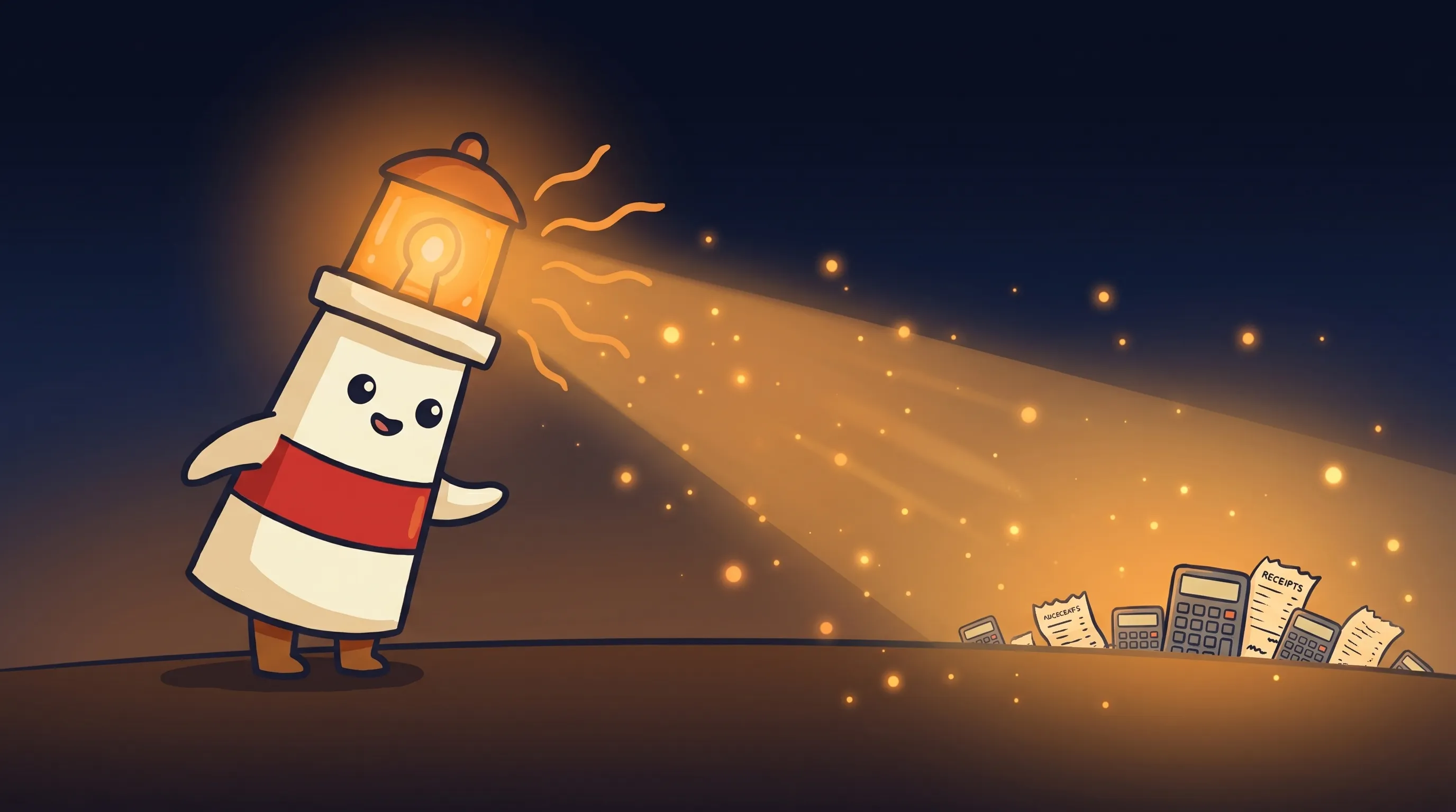 Cartoon lighthouse mascot with glowing lantern head shining a beam onto a pile of calculators and receipts against a...