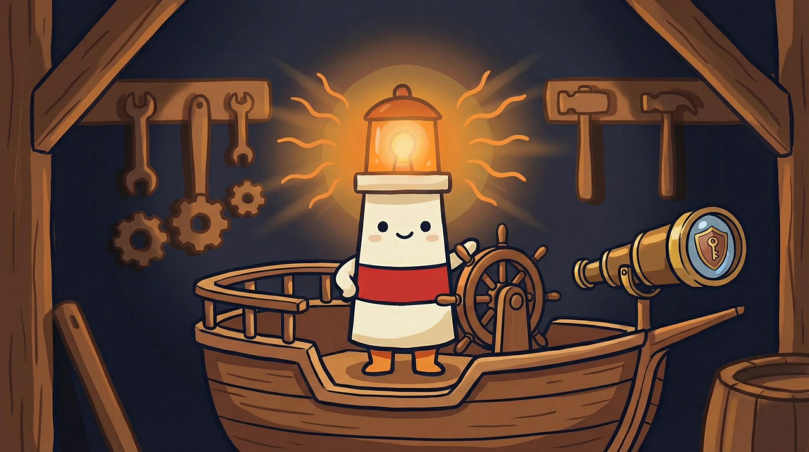 Beacon the lighthouse illuminating a glowing digital credential vault with amber light on a dark navy background.