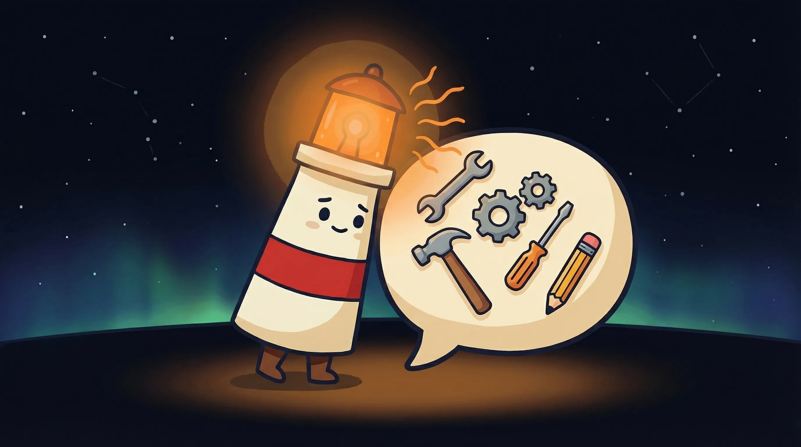 Beacon the lighthouse character shining its amber glow onto a chat bubble, cream body with red stripe on navy background.