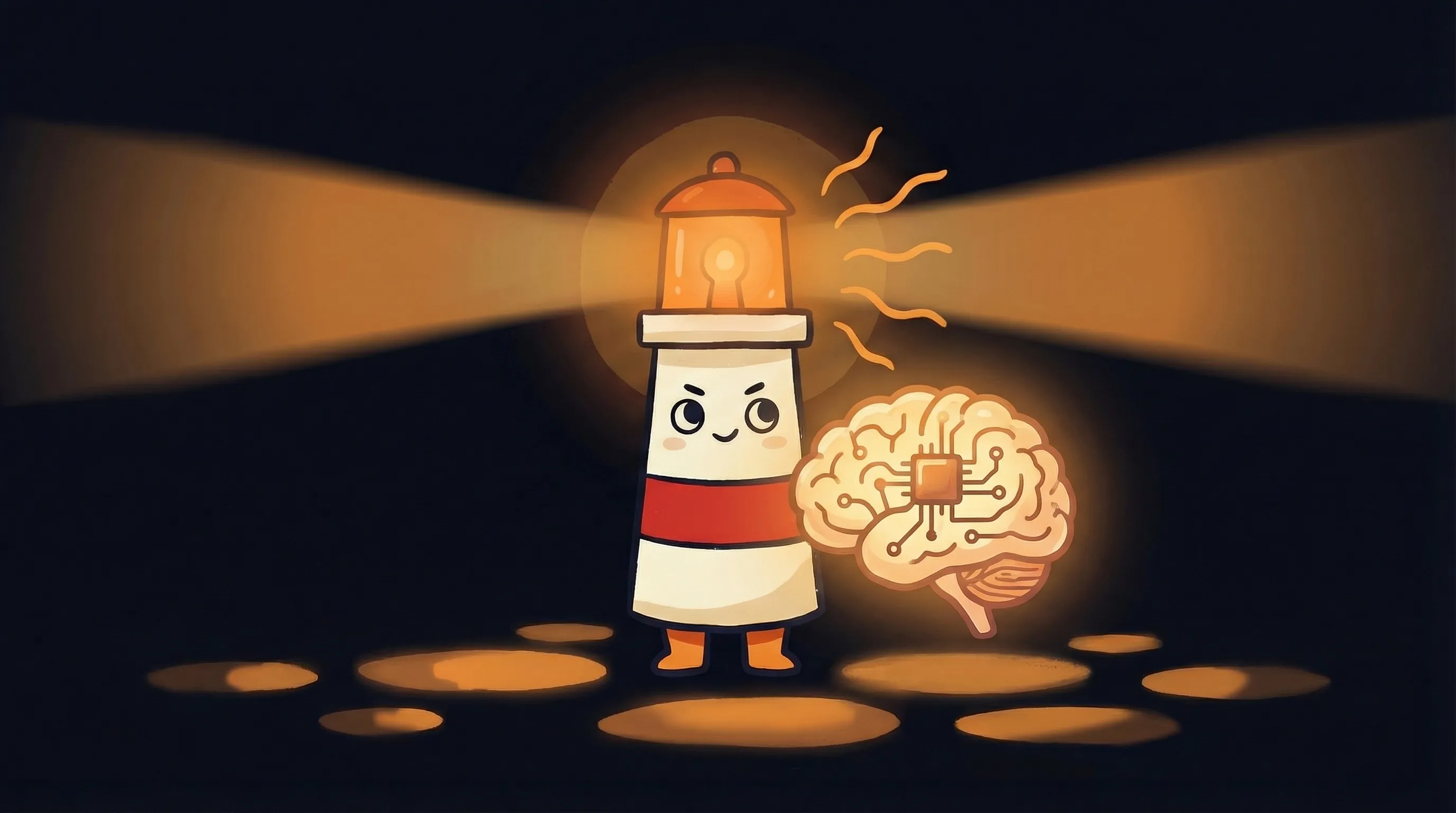 Beacon the lighthouse illuminating a glowing AI virtual assistant interface, cream body with red stripe on navy background.