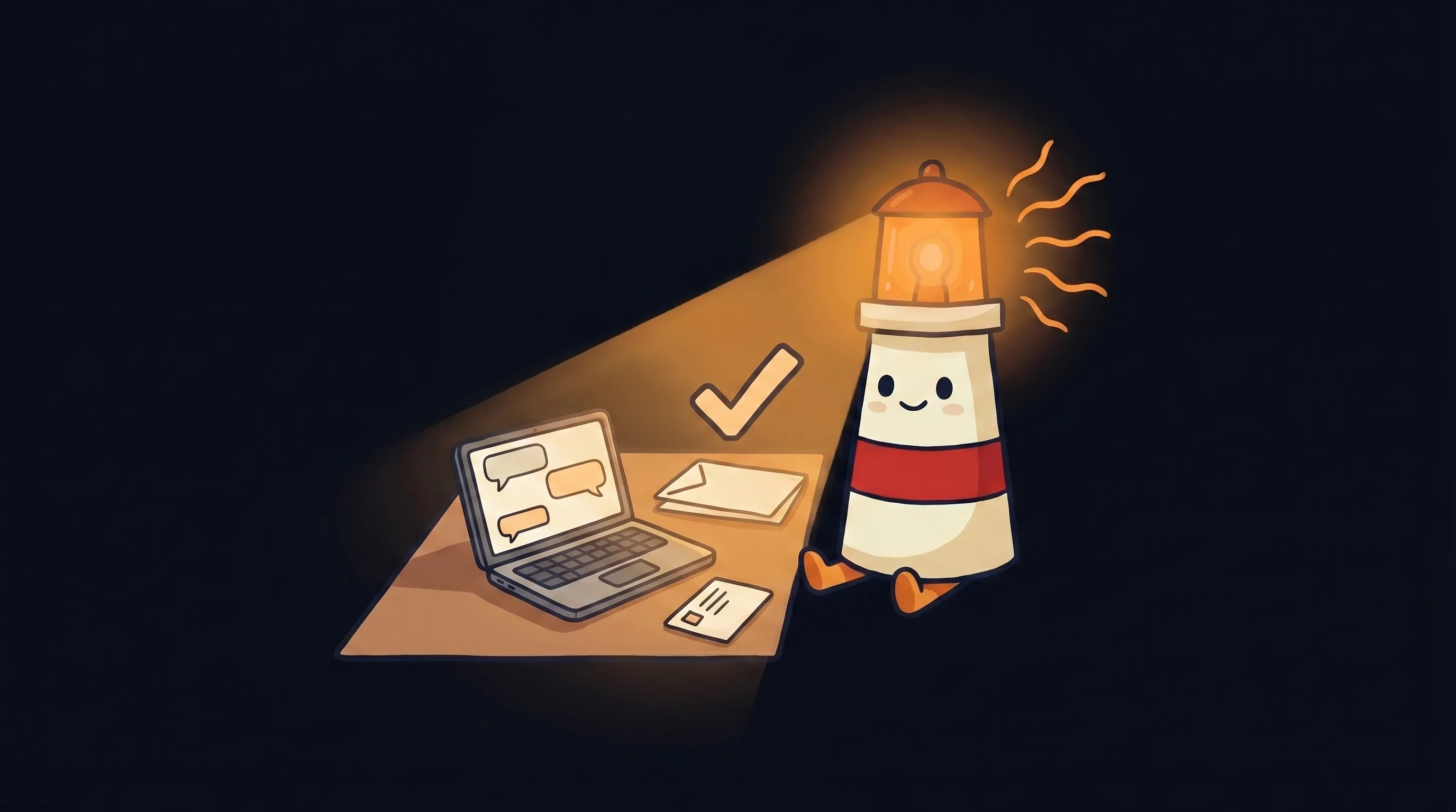 Beacon the lighthouse shining a warm amber beam across a laptop with blank message bubbles, customer notes, and a checkmark for approval.