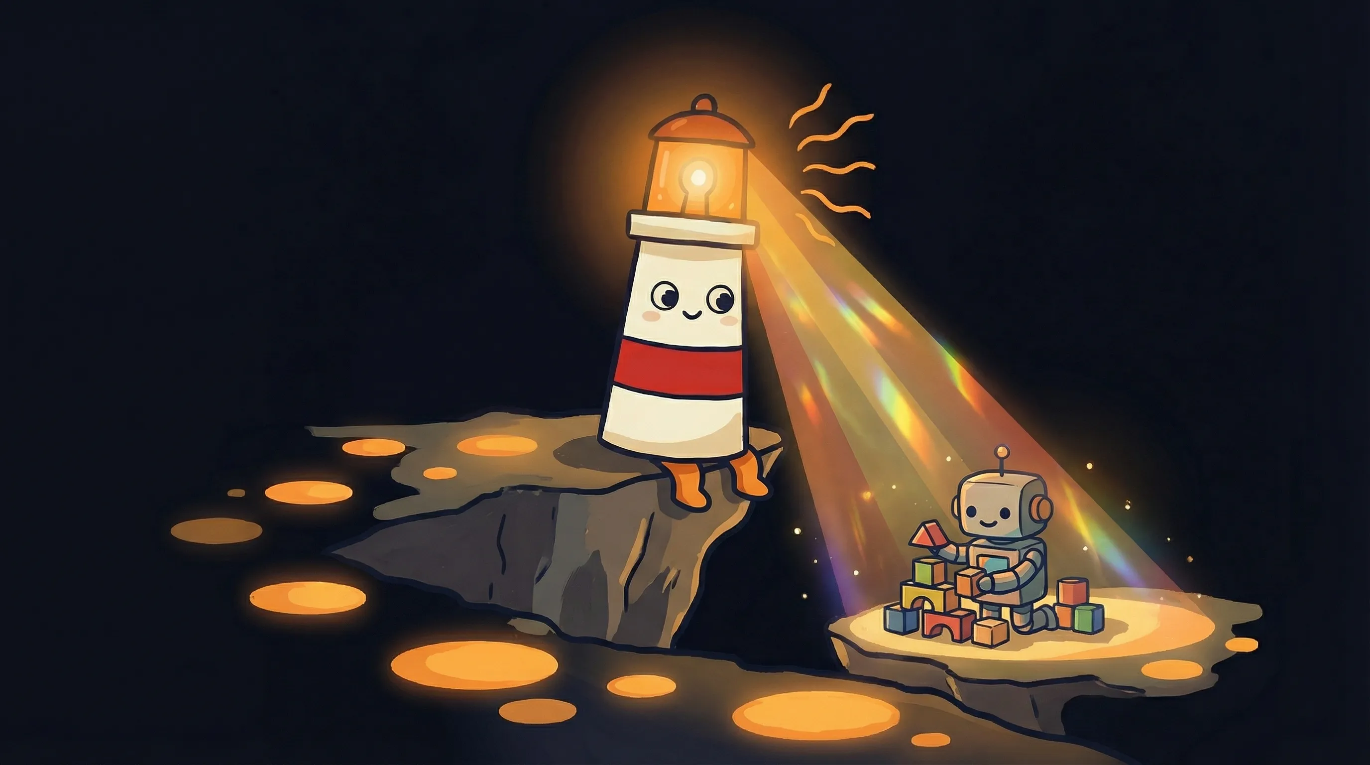 Beacon the lighthouse illuminating a glowing AI circuit chip on a dark navy background in flat 2D illustration style.