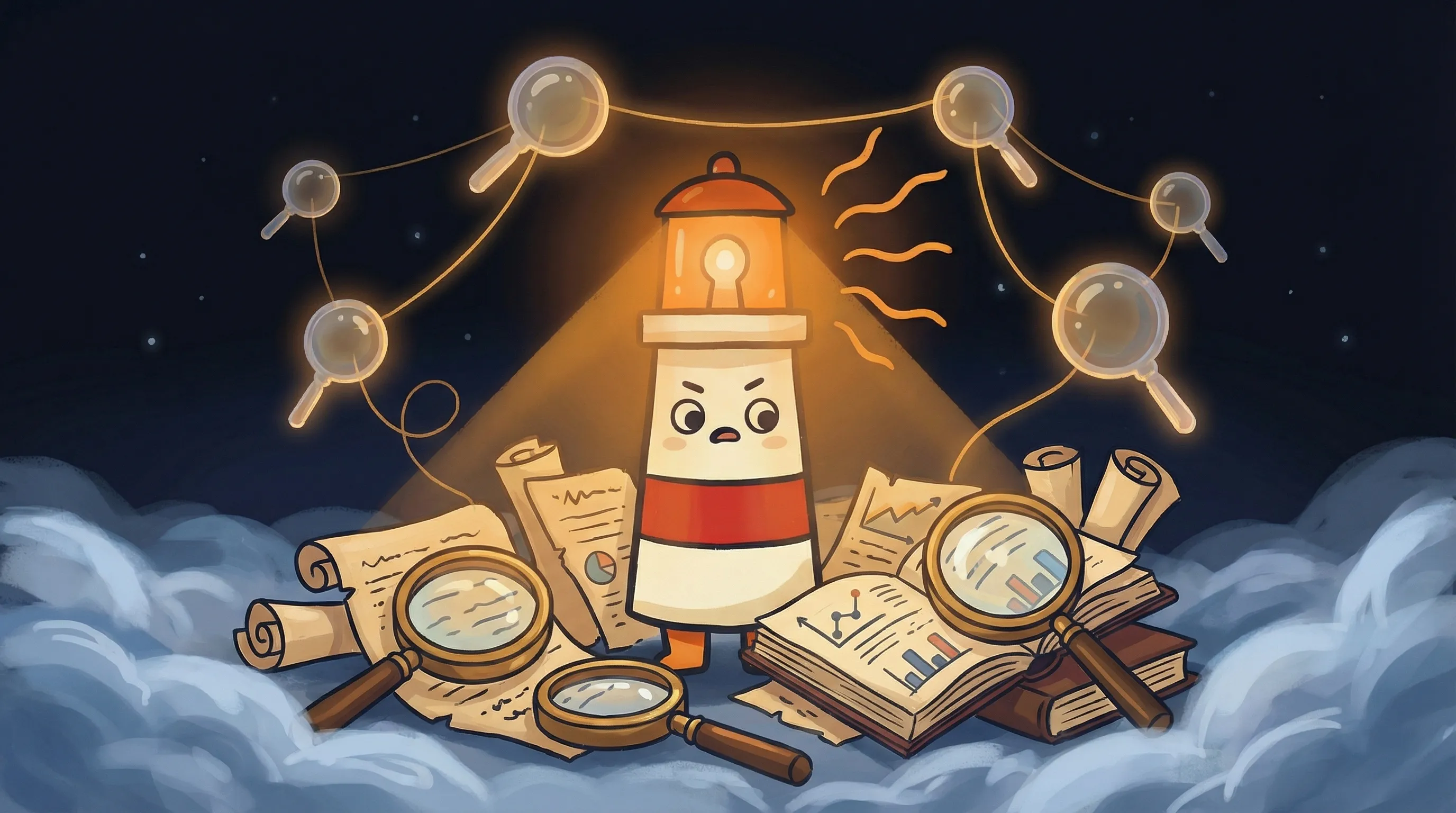 Beacon the lighthouse illuminating a magnifying glass over Reddit and X logos, spotlighting market research data on navy b...
