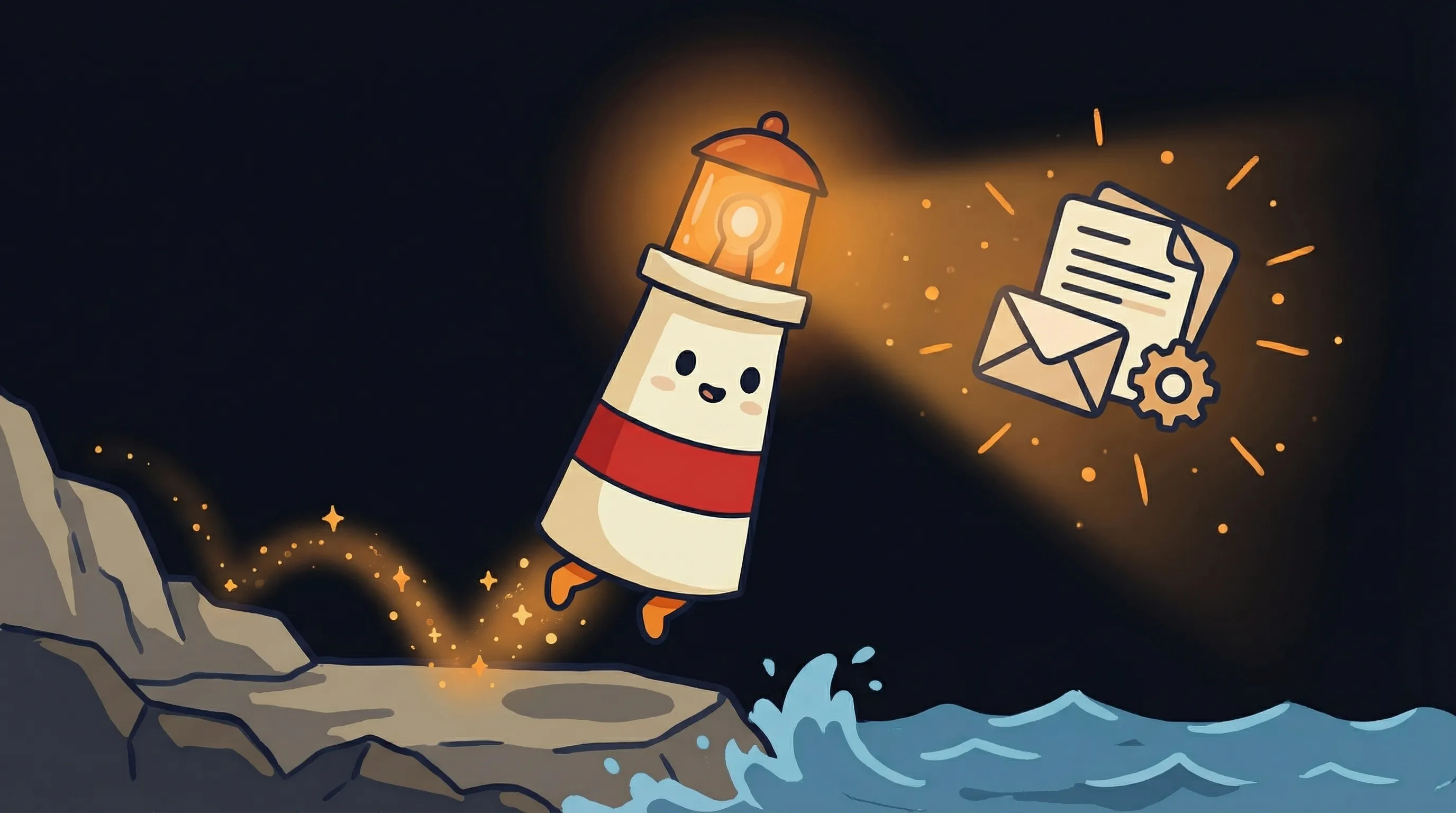 Beacon the lighthouse illuminating a glowing email inbox overflowing with newsletters on a dark navy background.