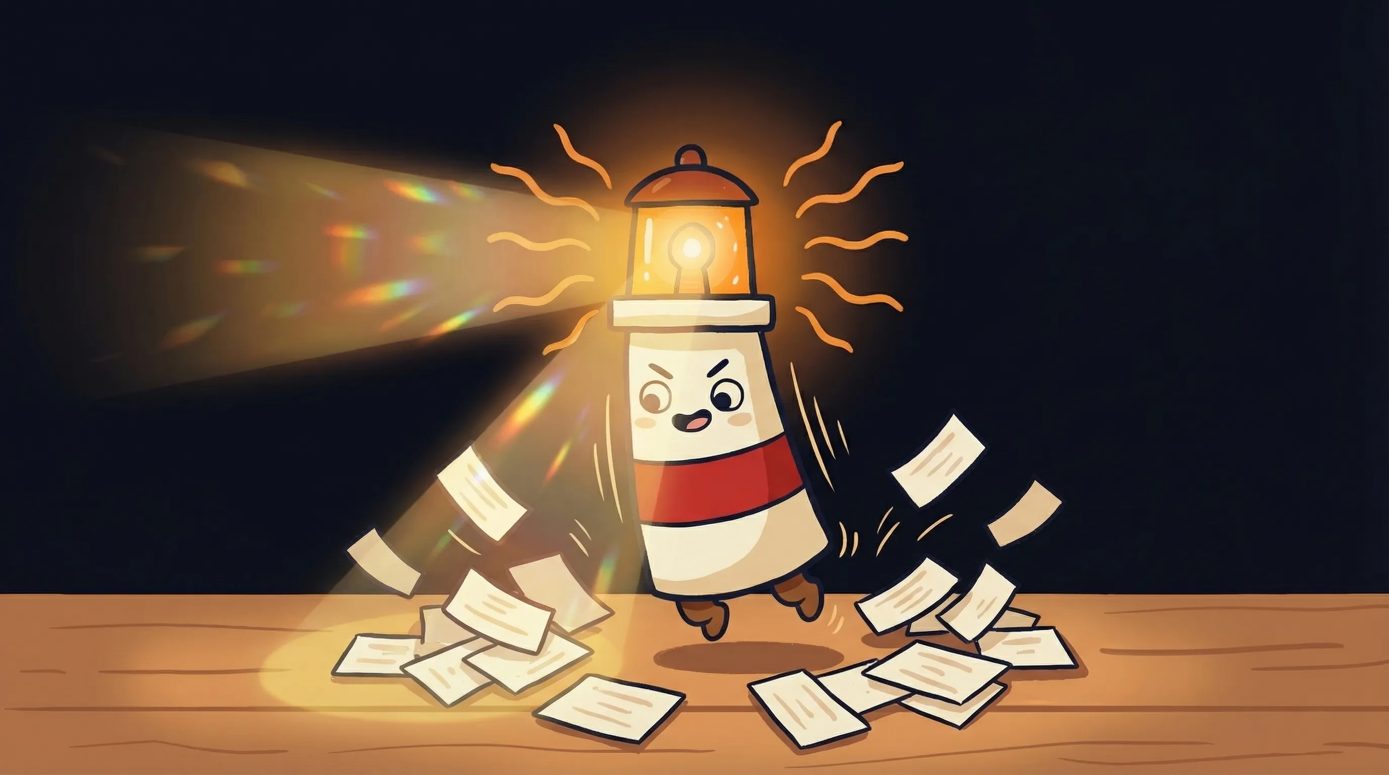 Beacon the lighthouse illuminating a glowing envelope and phone with amber light, cream body with red stripe on navy backg...