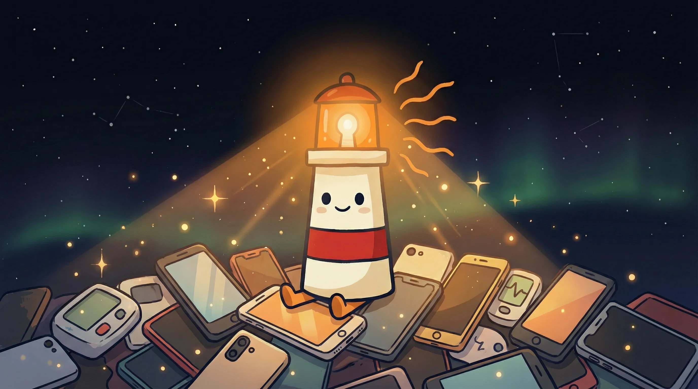 Beacon the lighthouse illuminating a smartphone with AI chat interface, hand-drawn illustration on dark navy background.