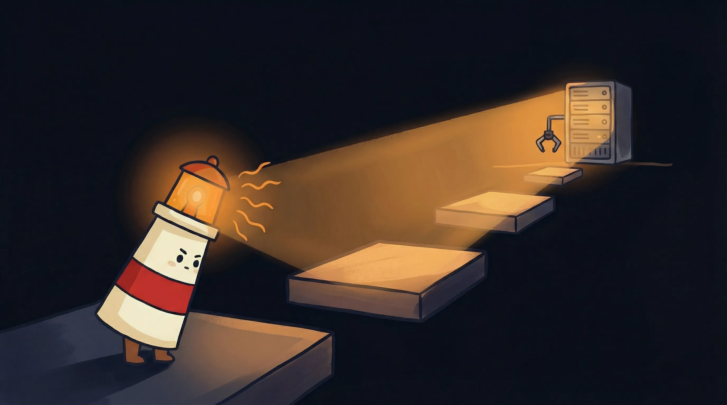 Beacon the lighthouse illuminating a server rack, cream body with red stripe, amber glow, on dark navy background.