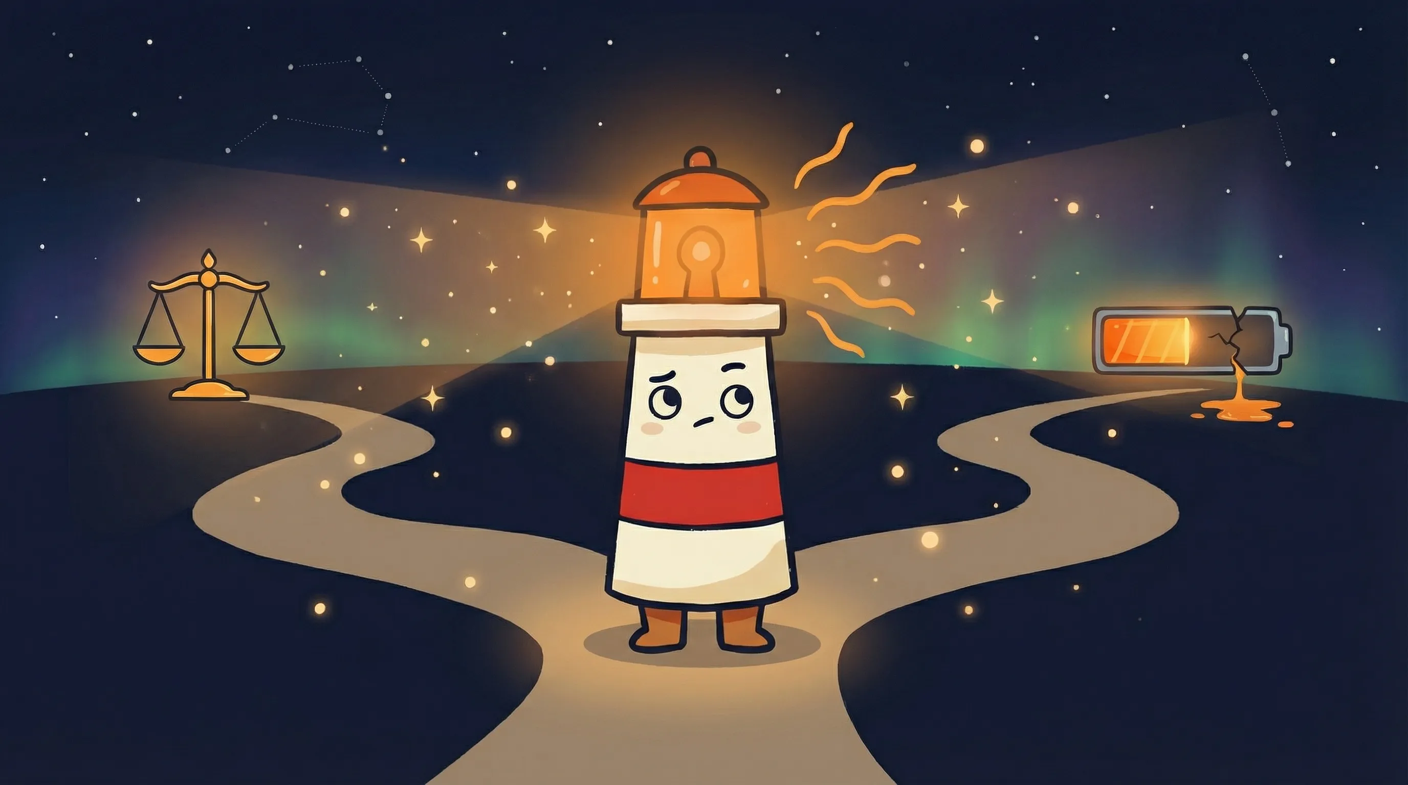 Beacon the lighthouse illuminating a simplified computer interface, comparing Manus AI and BrainRoad platforms