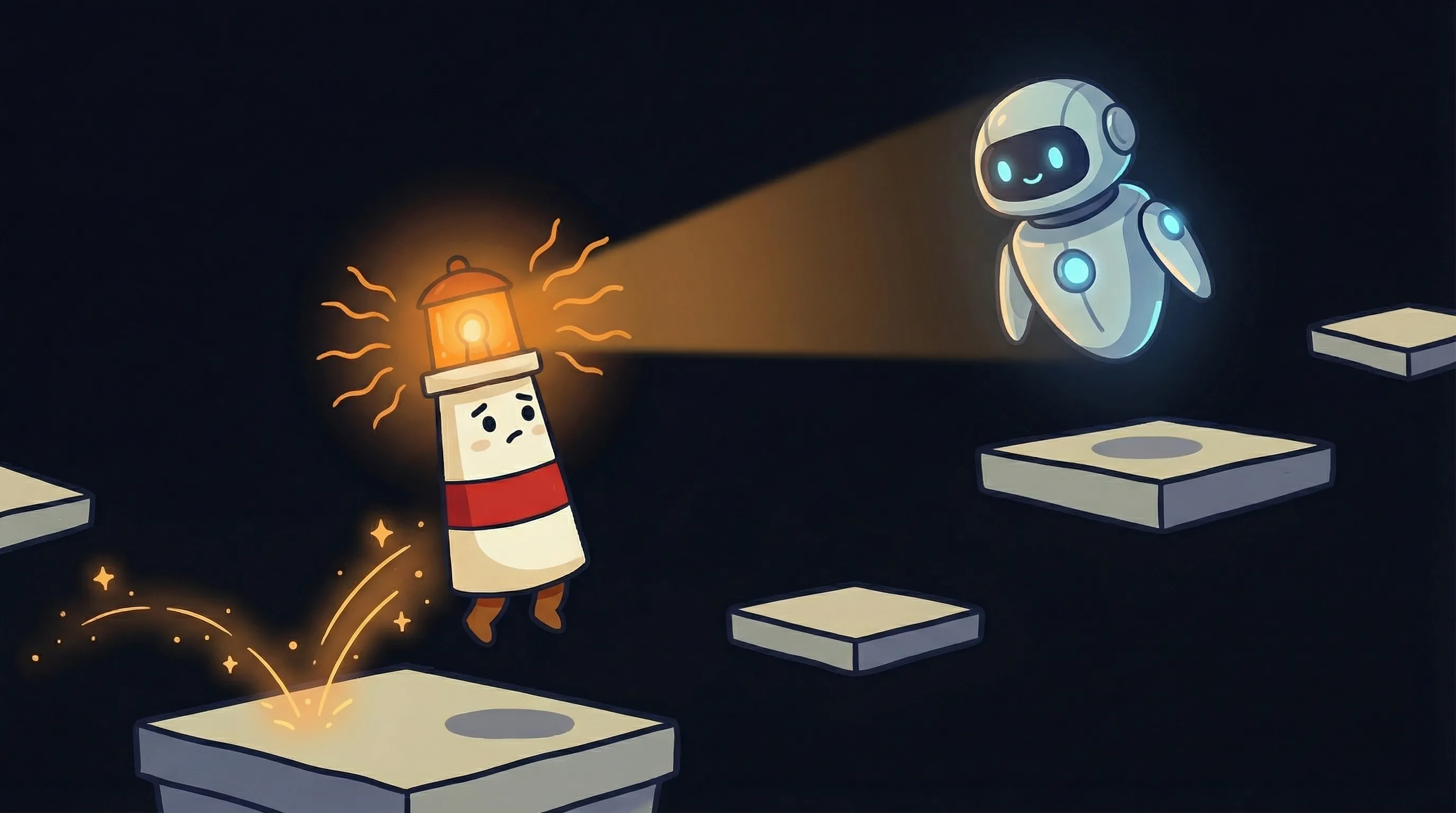 Beacon the lighthouse illuminating a glowing AI personal assistant device, cream body with red stripe, amber light shining...