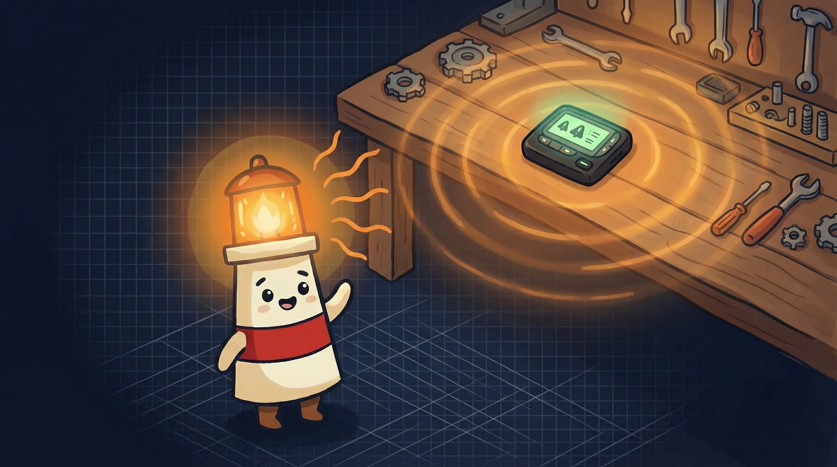 Beacon the lighthouse illuminating a glowing AI circuit board, symbolizing smart incident response easing on-call burnout.