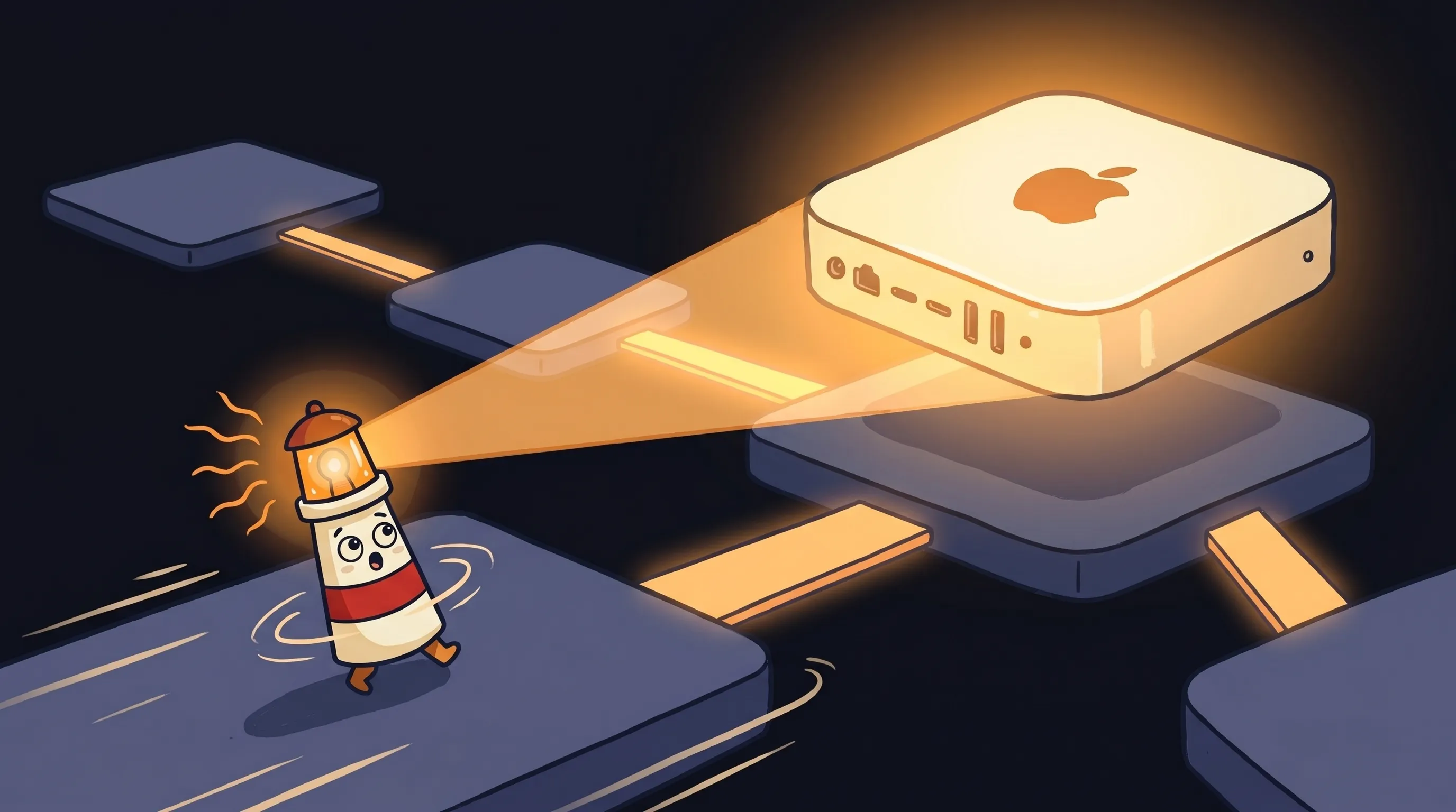 Beacon the lighthouse illuminating a glowing MacBook, cream body with red stripe and amber light, flat 2D illustration on ...