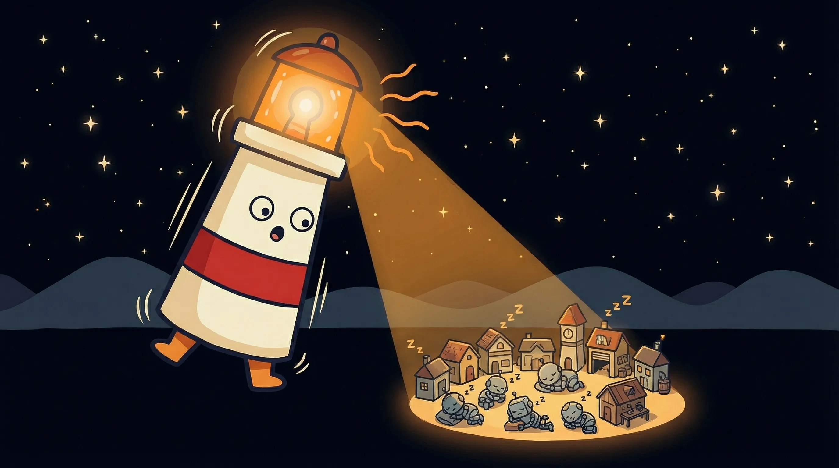 Beacon the lighthouse illuminating three glowing AI robot figures arranged as a team, cream body with red stripe, amber li...