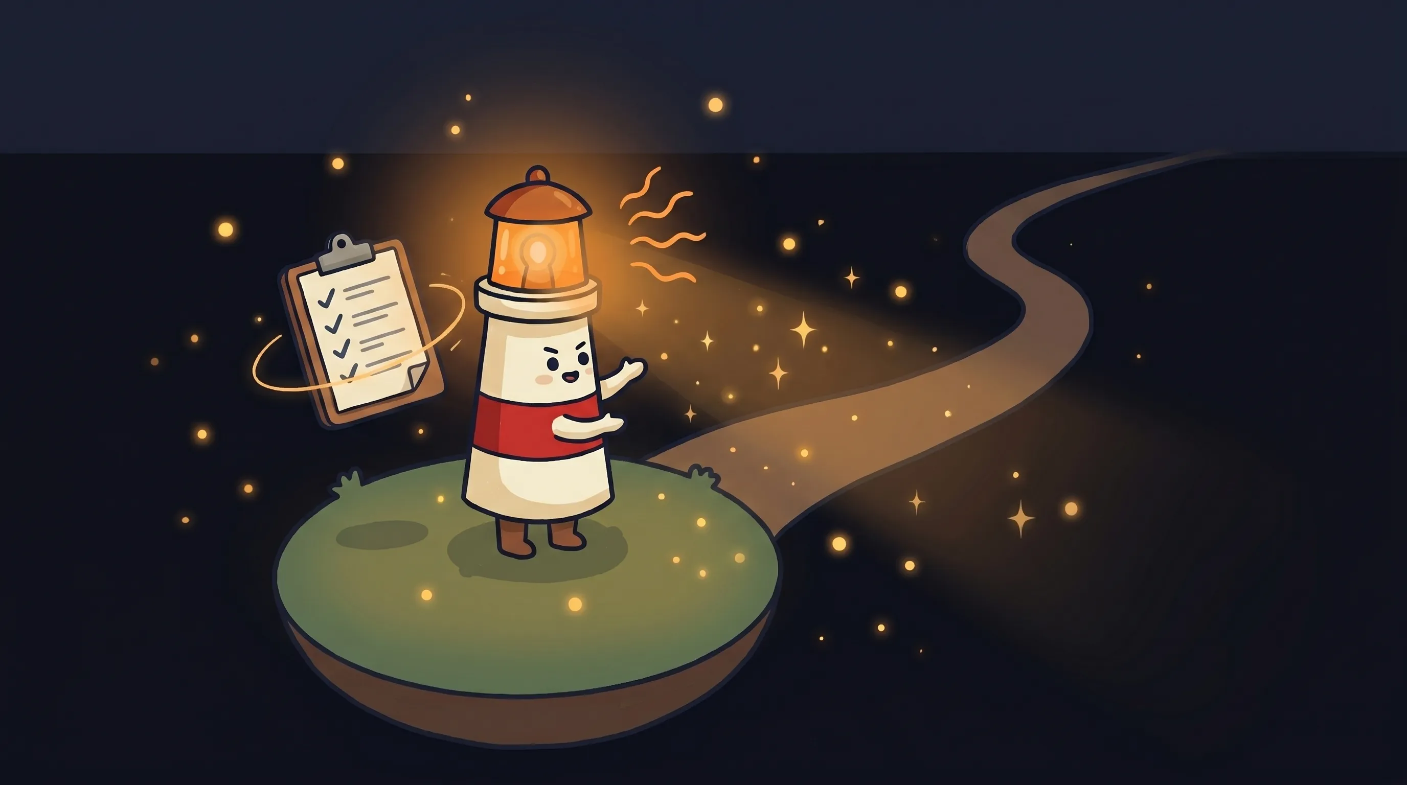 Beacon the lighthouse illuminating a clipboard with audit checklist, glowing amber light casting warm rays on tracked AI w...