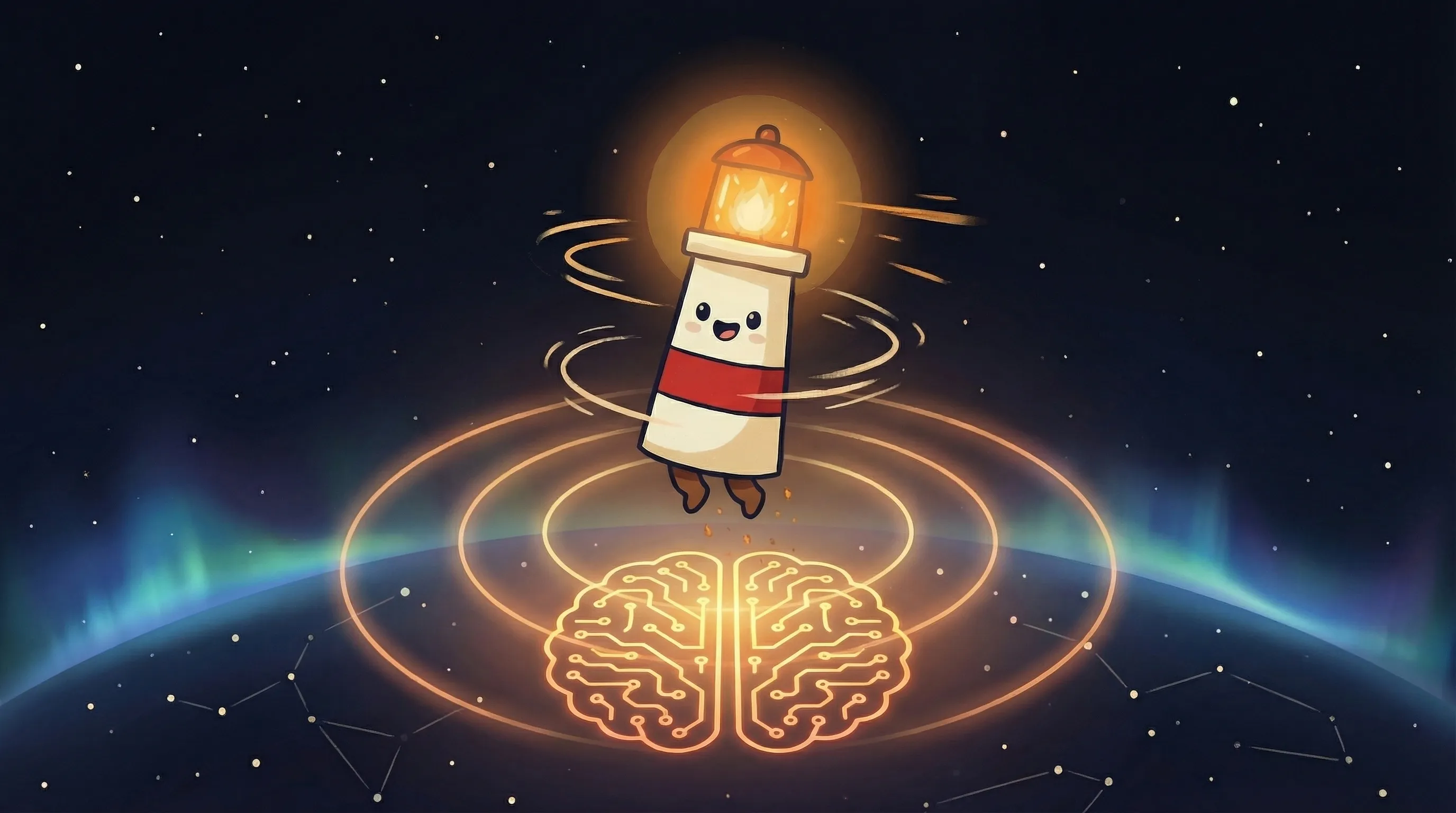 Beacon the lighthouse illuminating a glowing AI circuit brain, cream body with red stripe, amber light beaming down on dar...