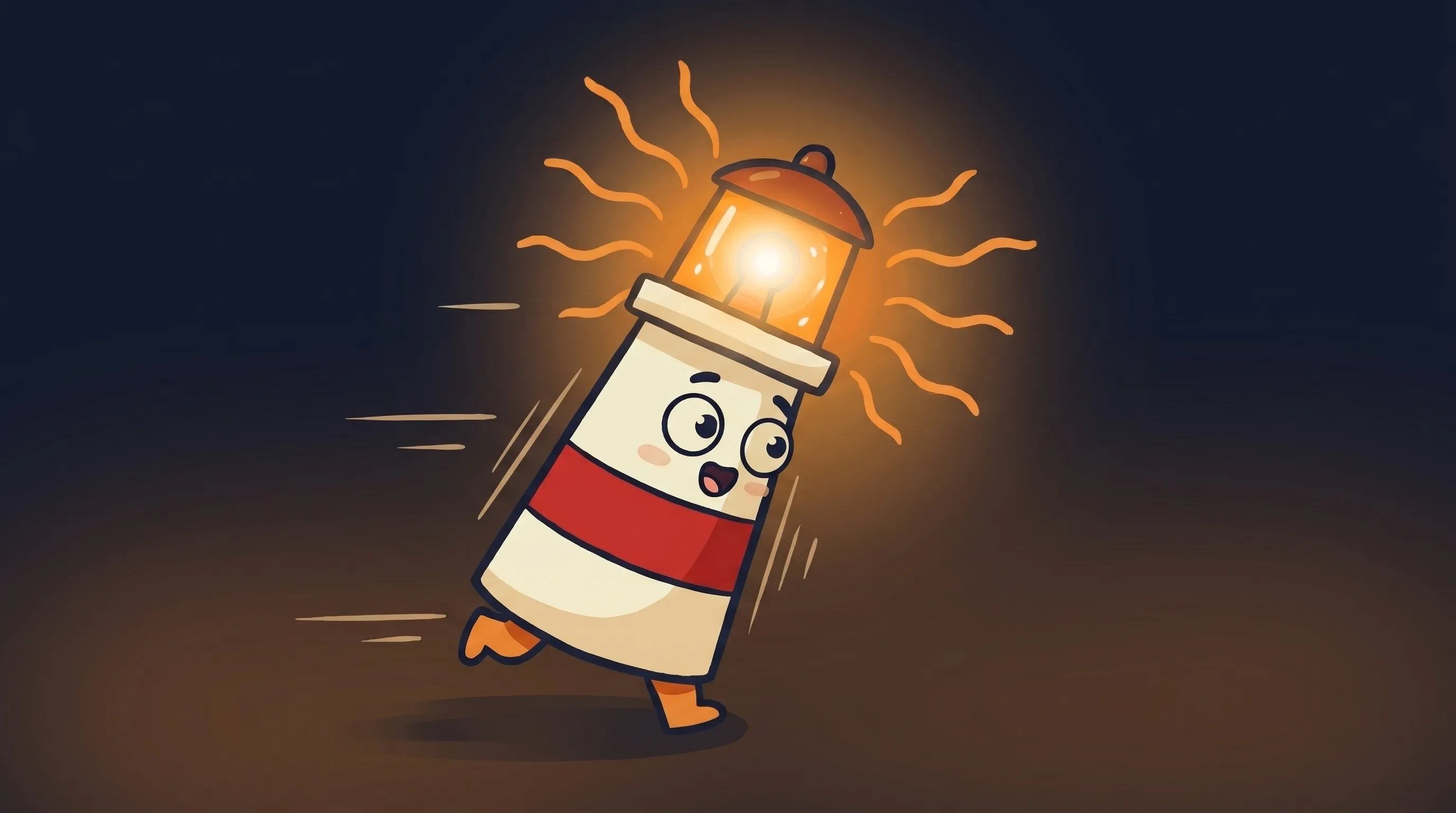 Beacon the lighthouse illuminating a glowing AI interface with amber light, cream body, red stripe, tiny feet on navy back...