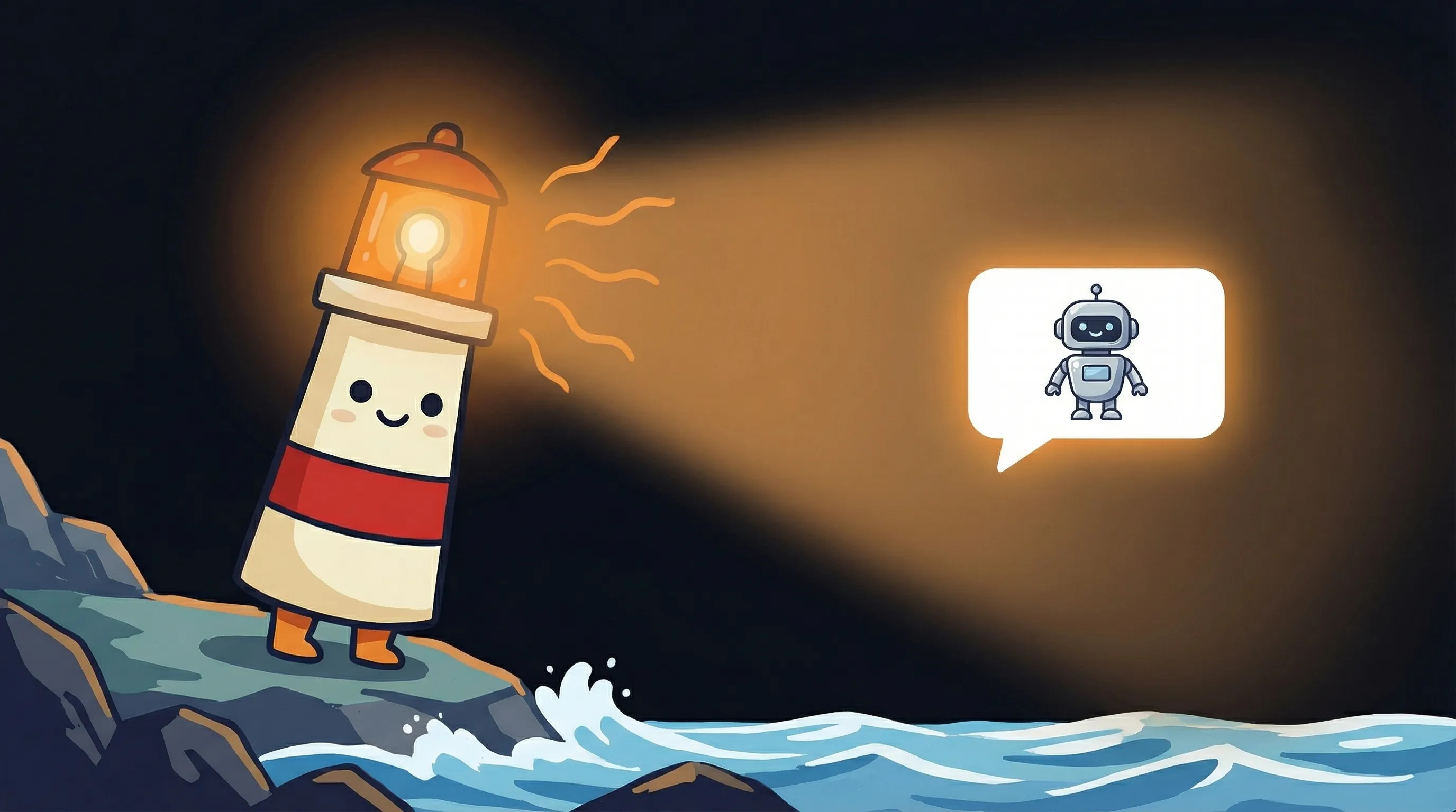 Beacon the lighthouse illuminating a customer service chat bubble, glowing amber light casting warm rays on a speech icon.