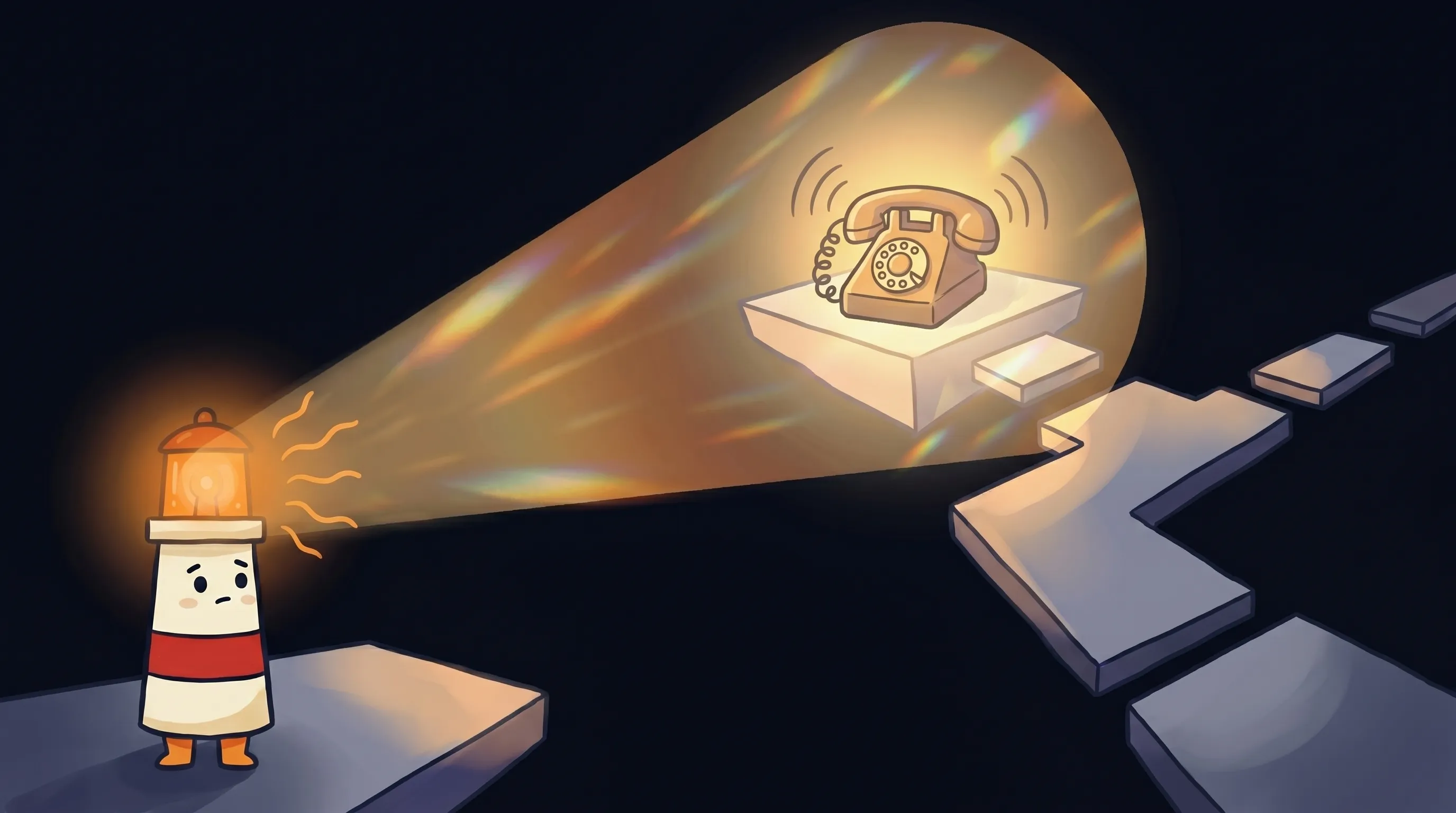 Beacon the lighthouse character shines amber light on a phone and a calendar, symbolizing AI receptionist vs follow-up ass...