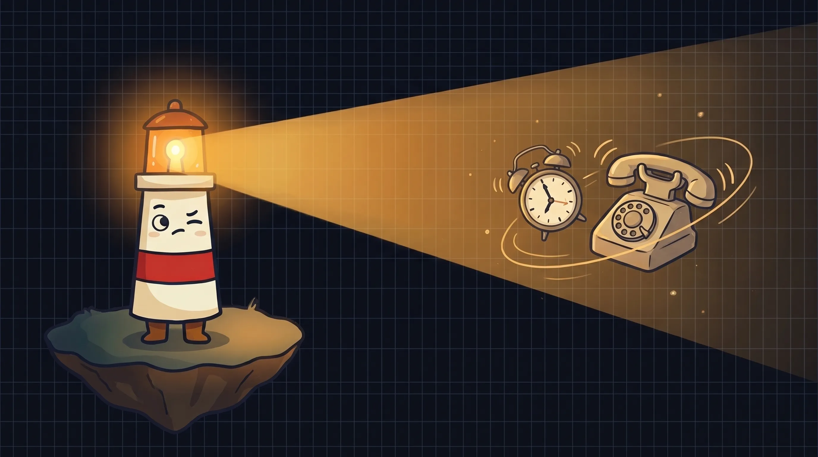 Beacon the lighthouse character shines amber light on a split image of a phone receptionist and AI assistant robot.