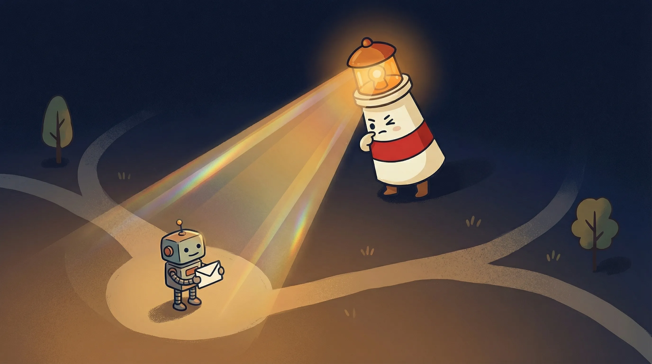 Beacon the lighthouse illuminating an envelope with AI circuit patterns, representing email automation technology.
