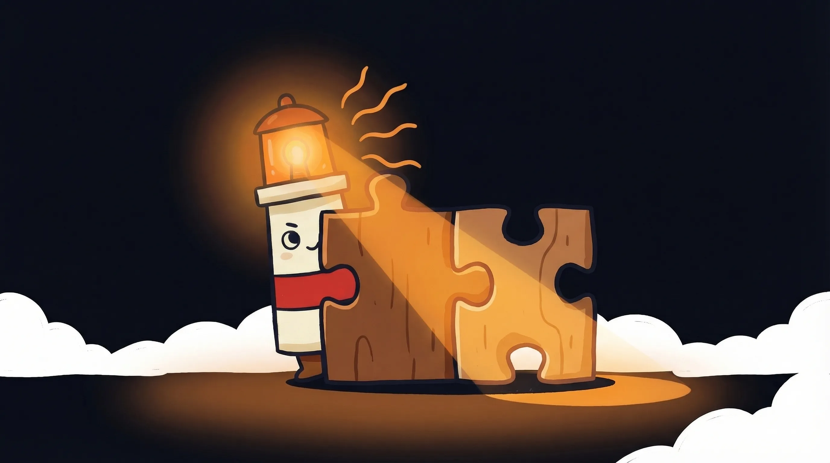 Beacon the lighthouse illuminating a glowing laptop displaying AI tools, cream body with red stripe, amber light beaming d...