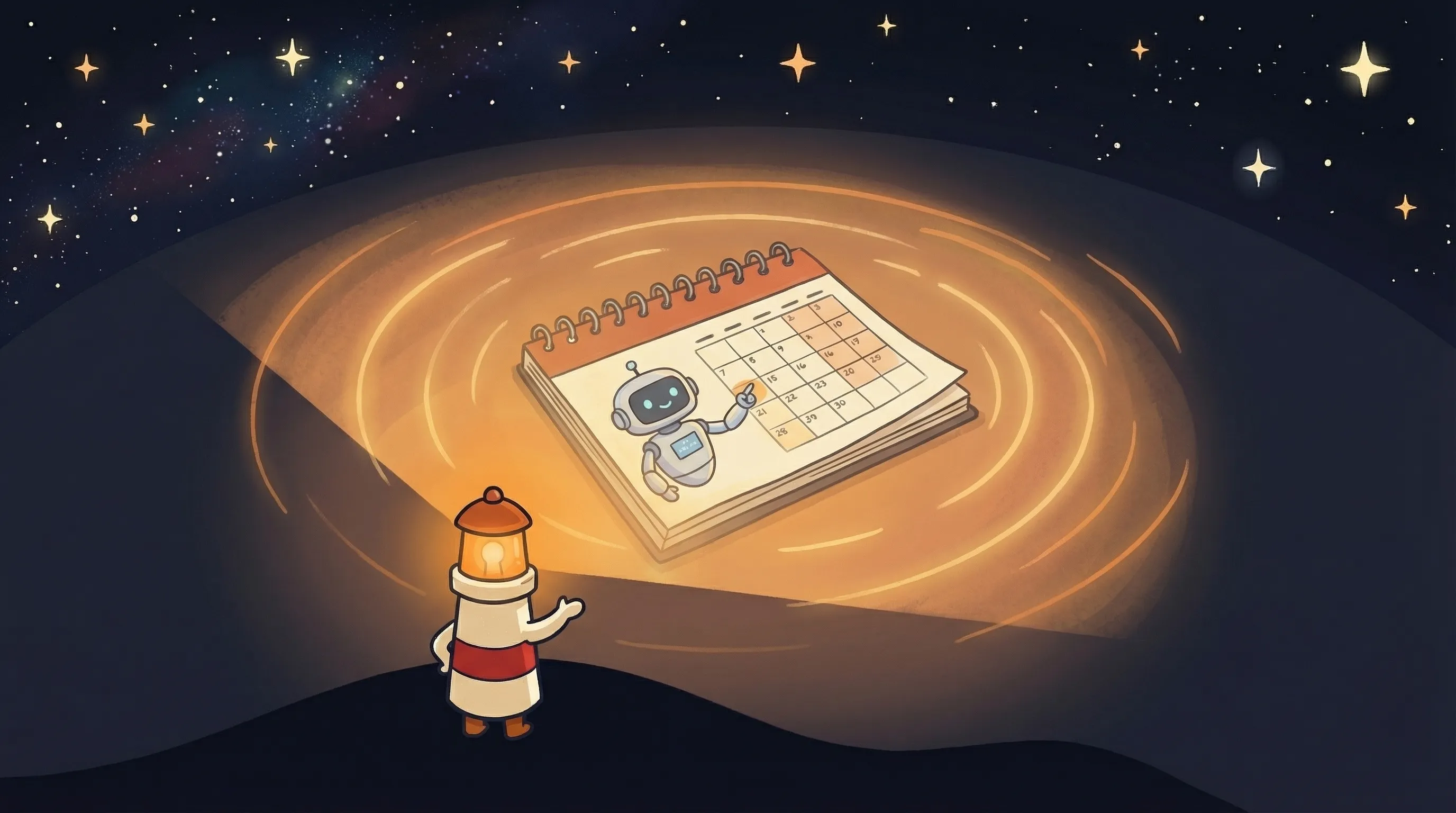Beacon the lighthouse illuminating a glowing digital calendar with amber light, cream body, red stripe, on dark navy backg...