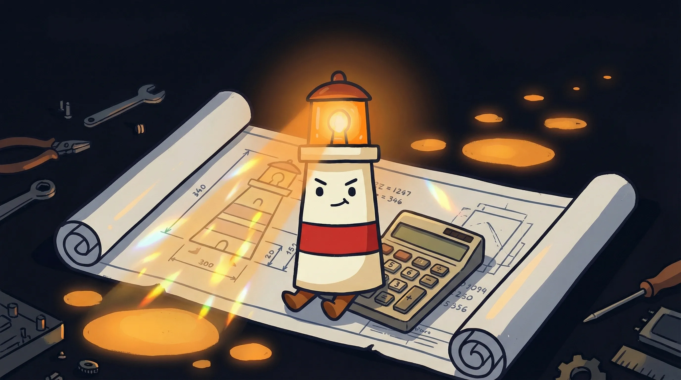 Beacon the lighthouse illuminating a contractor's quote document, glowing amber light on dark navy background.