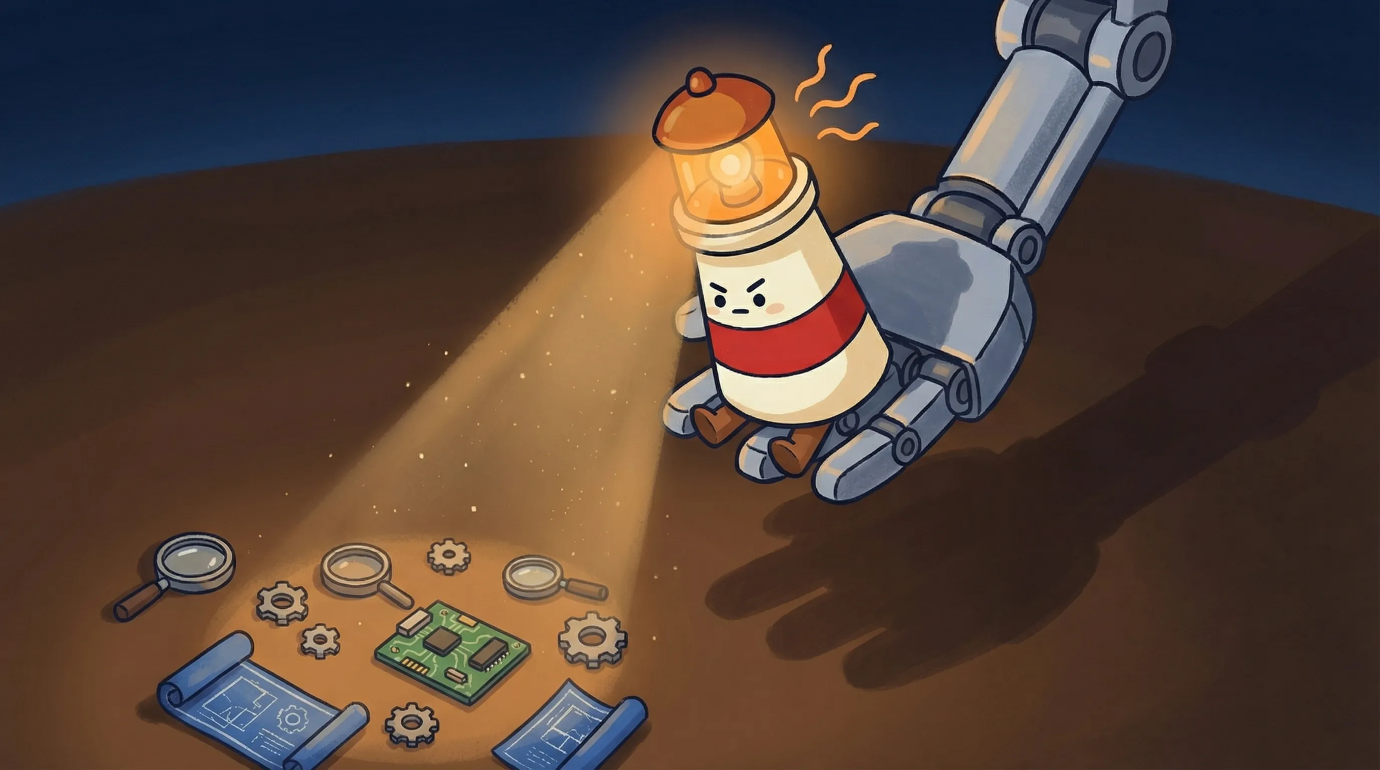 Beacon the lighthouse illuminating a checklist with warm amber glow, cream body with red stripe, on dark navy background.