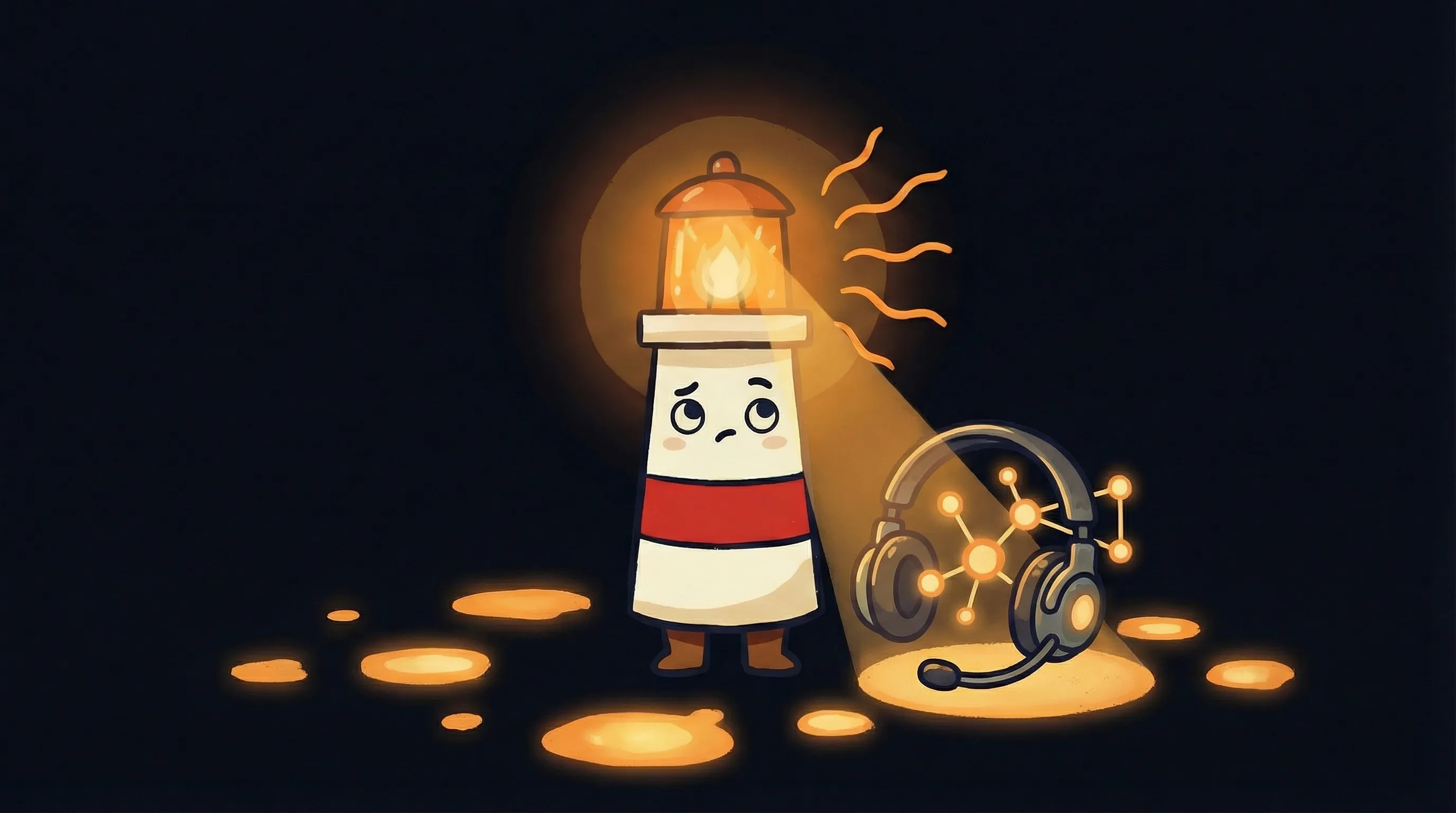 Beacon the lighthouse illuminating a 24/7 customer service hub with multiple AI support agents at their stations.