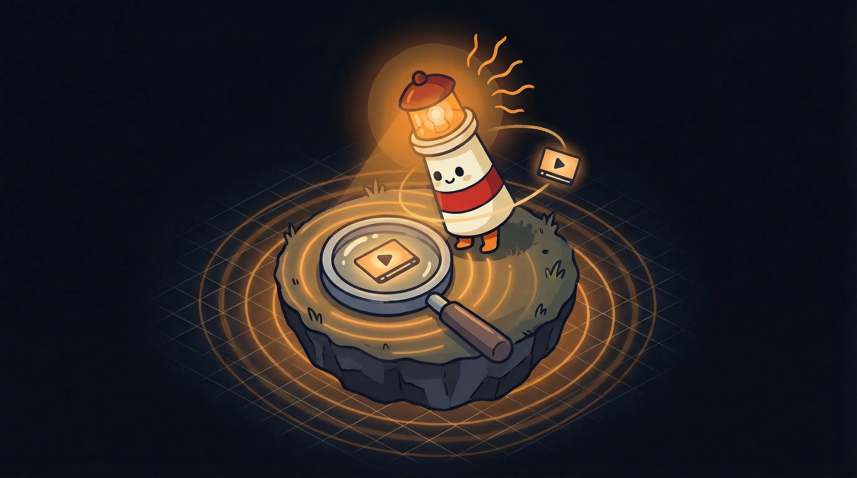 Beacon the lighthouse illuminating a glowing YouTube play button, cream body with red stripe, amber light beaming down on ...