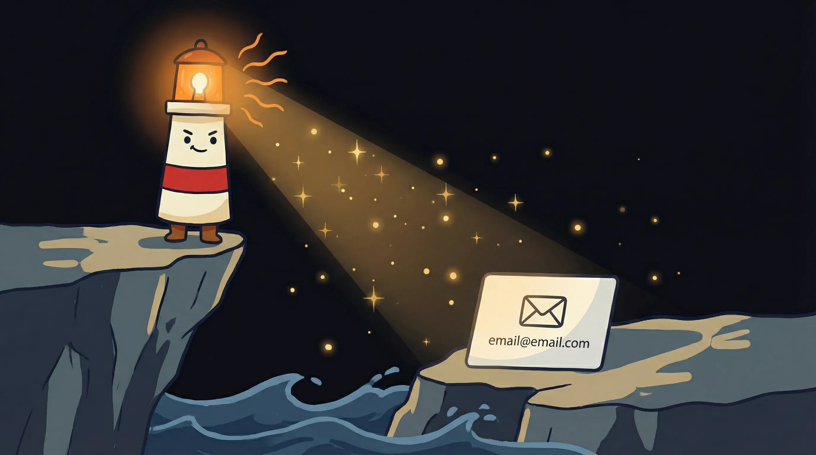 Beacon the lighthouse illuminating a glowing contact card and email envelope on a dark navy background.