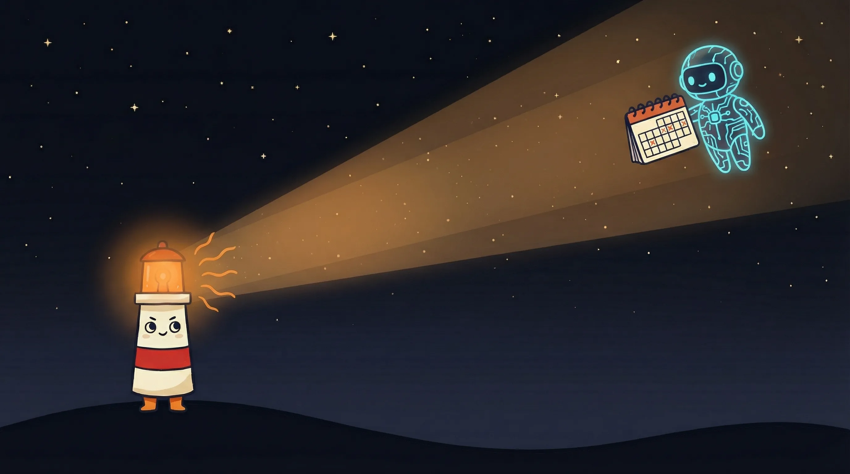 Beacon the lighthouse illuminating a floating AI robot analyzing stock earnings charts, glowing amber light on dark navy b...