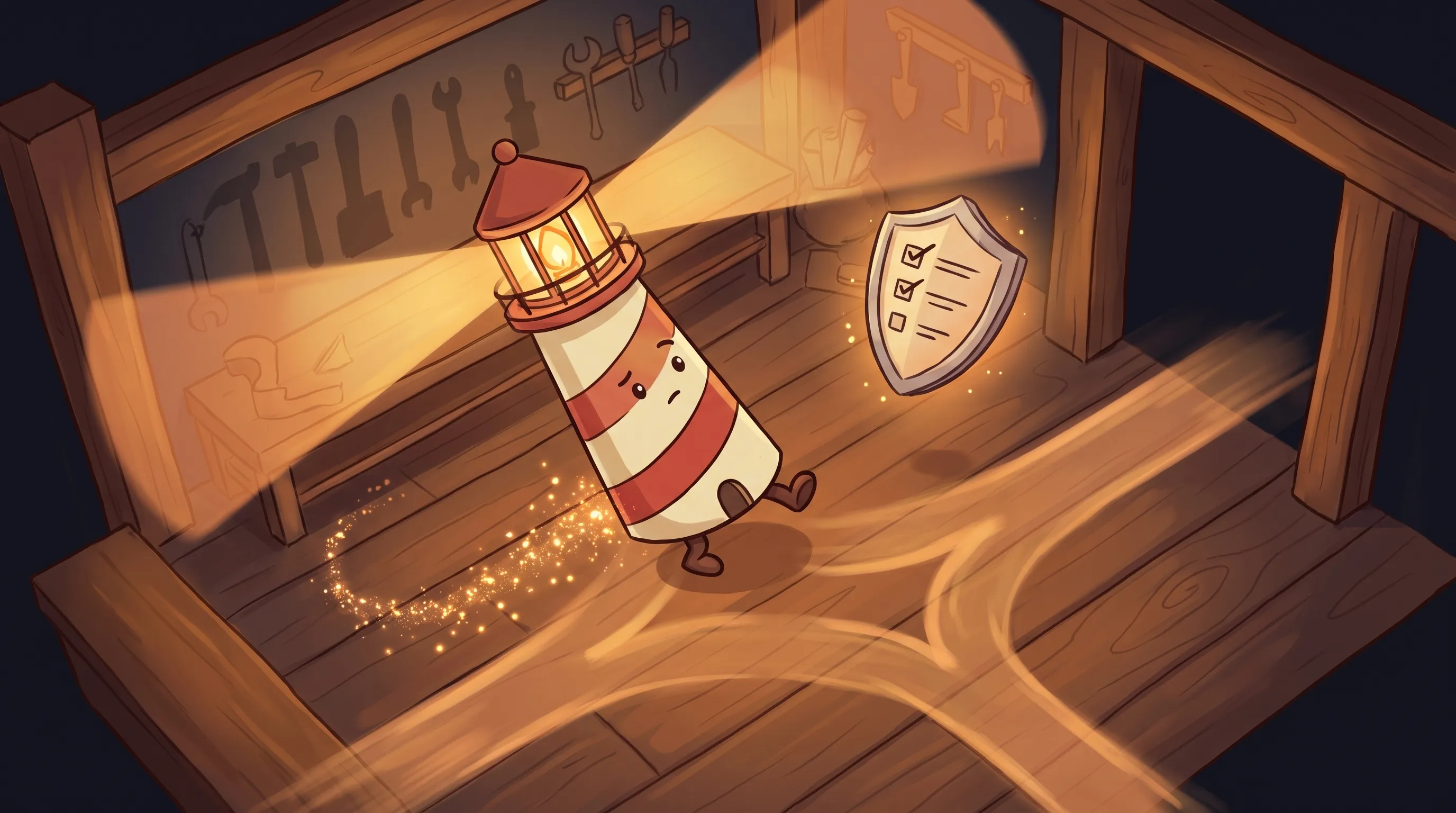 Beacon the lighthouse illuminating a security checklist, cream body with red stripe, amber glow, on dark navy background.