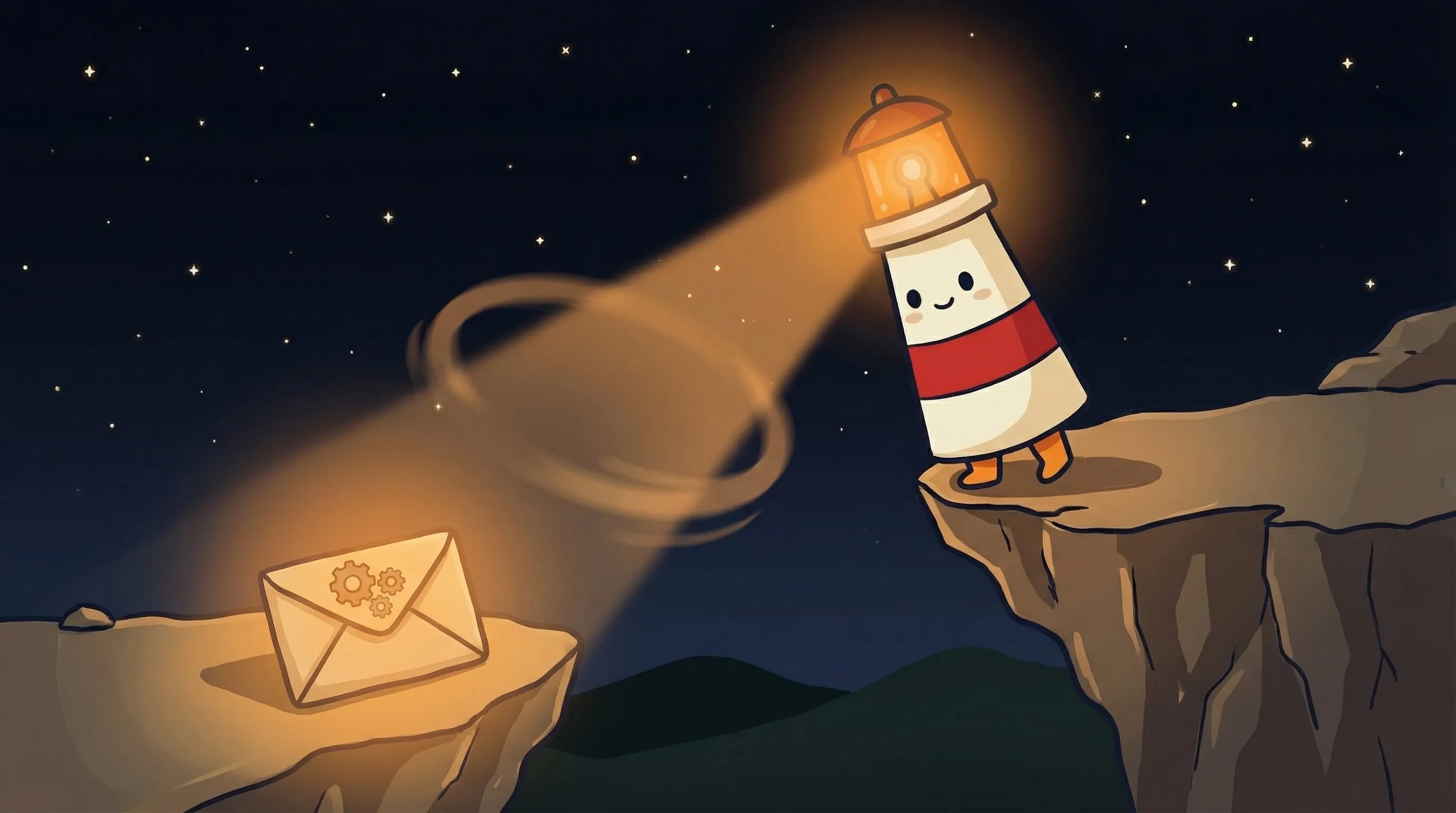 Beacon the lighthouse illuminating a glowing email envelope, amber light streaming down on a navy background.