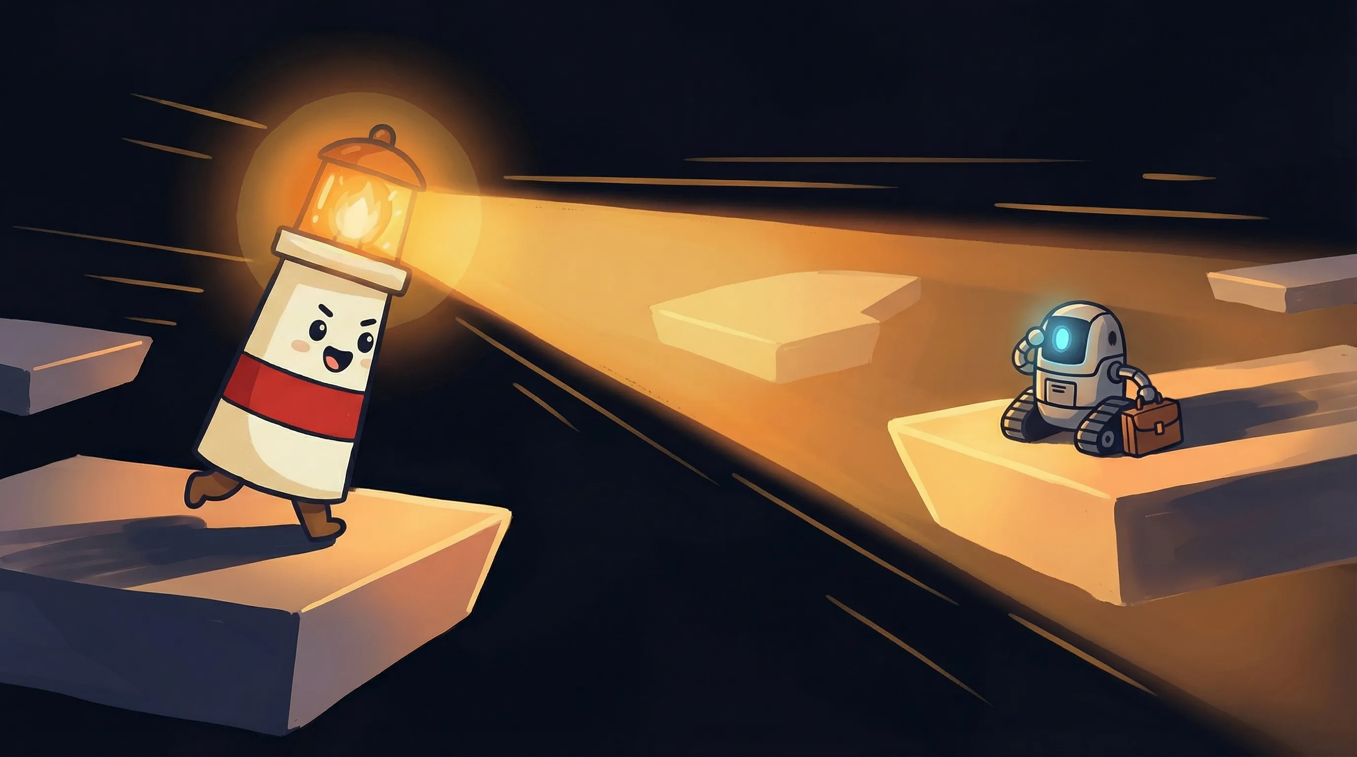 Beacon the lighthouse illuminating a glowing AI brain circuit with its amber light on a dark navy background.