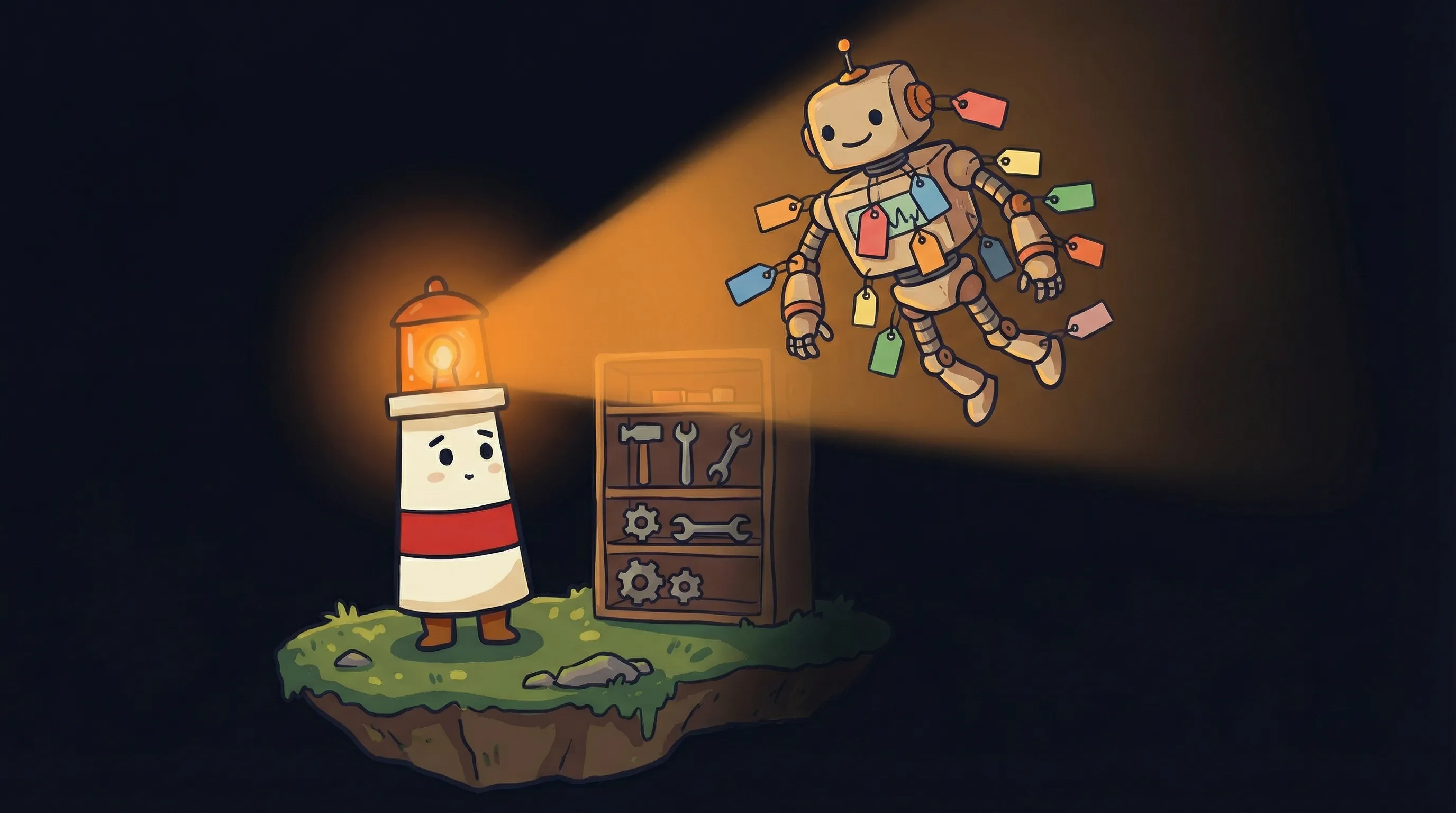 Beacon the lighthouse illuminating a price tag and dollar sign, glowing amber light casting warm rays on AI agent costs.