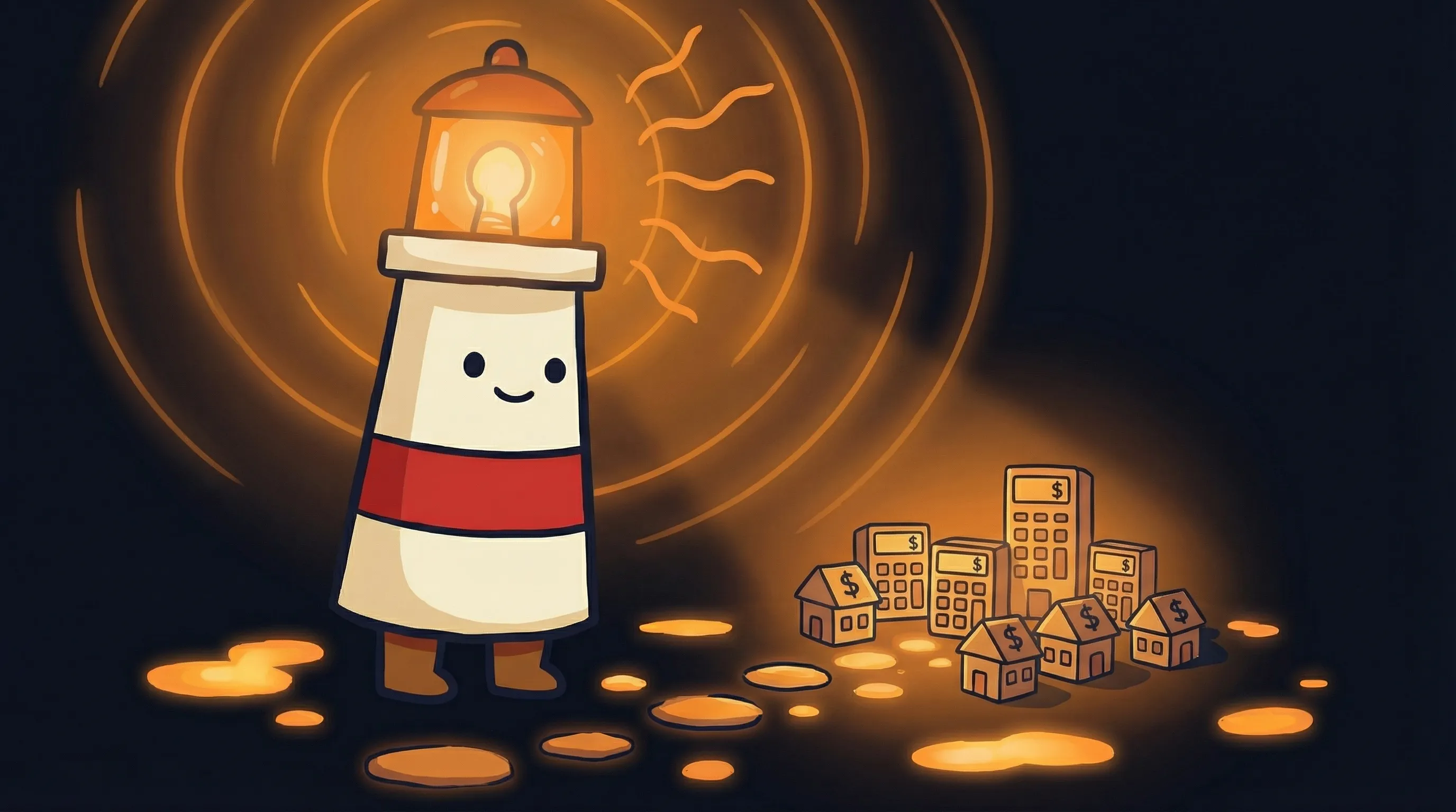 Beacon the lighthouse illuminating a price tag with dollar signs, showing the costs of running a personal AI agent.